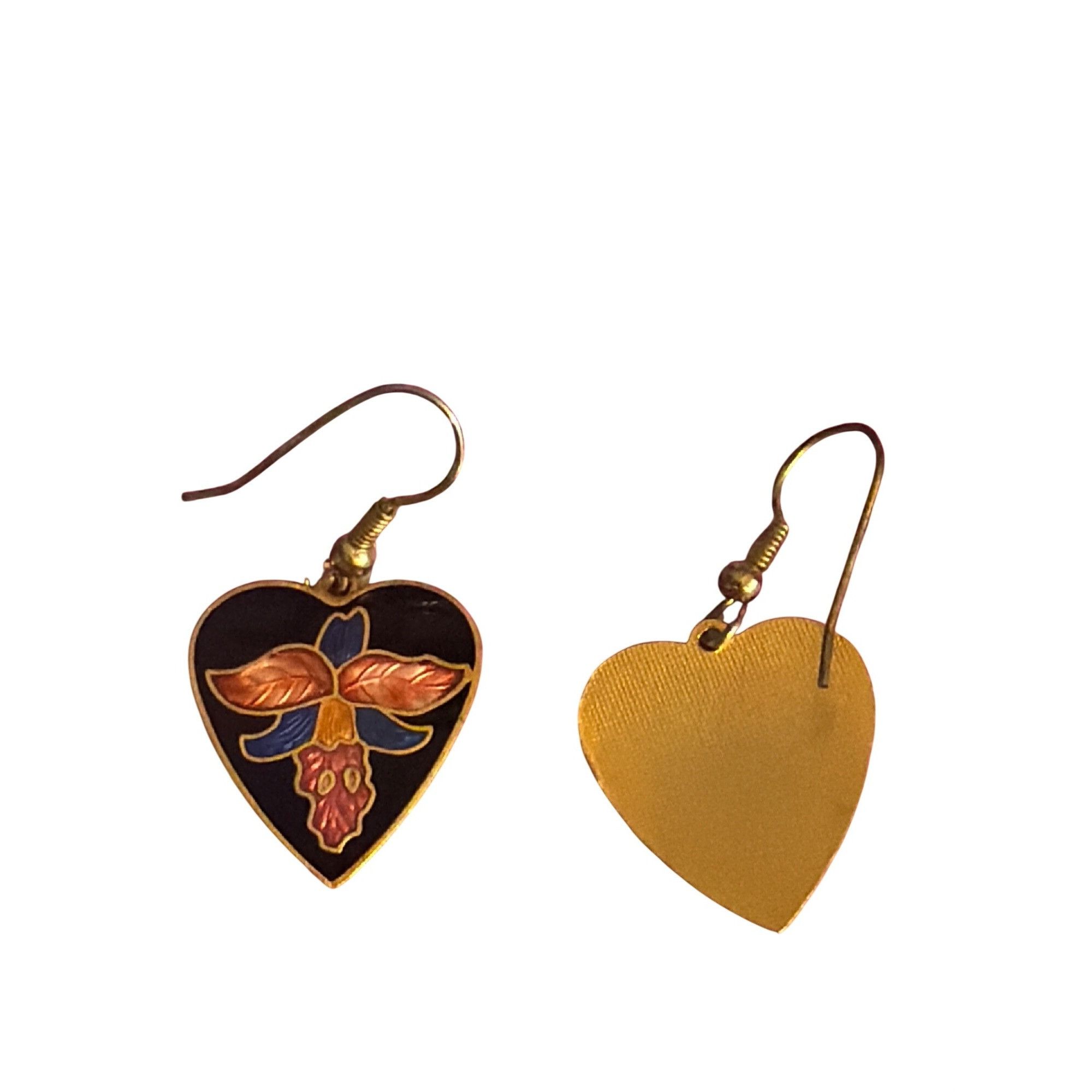 Other Vintage Cloisonne Dangle Earrings Gold Tone Heart Flowers Ho Size ONE SIZE - 3 Thumbnail