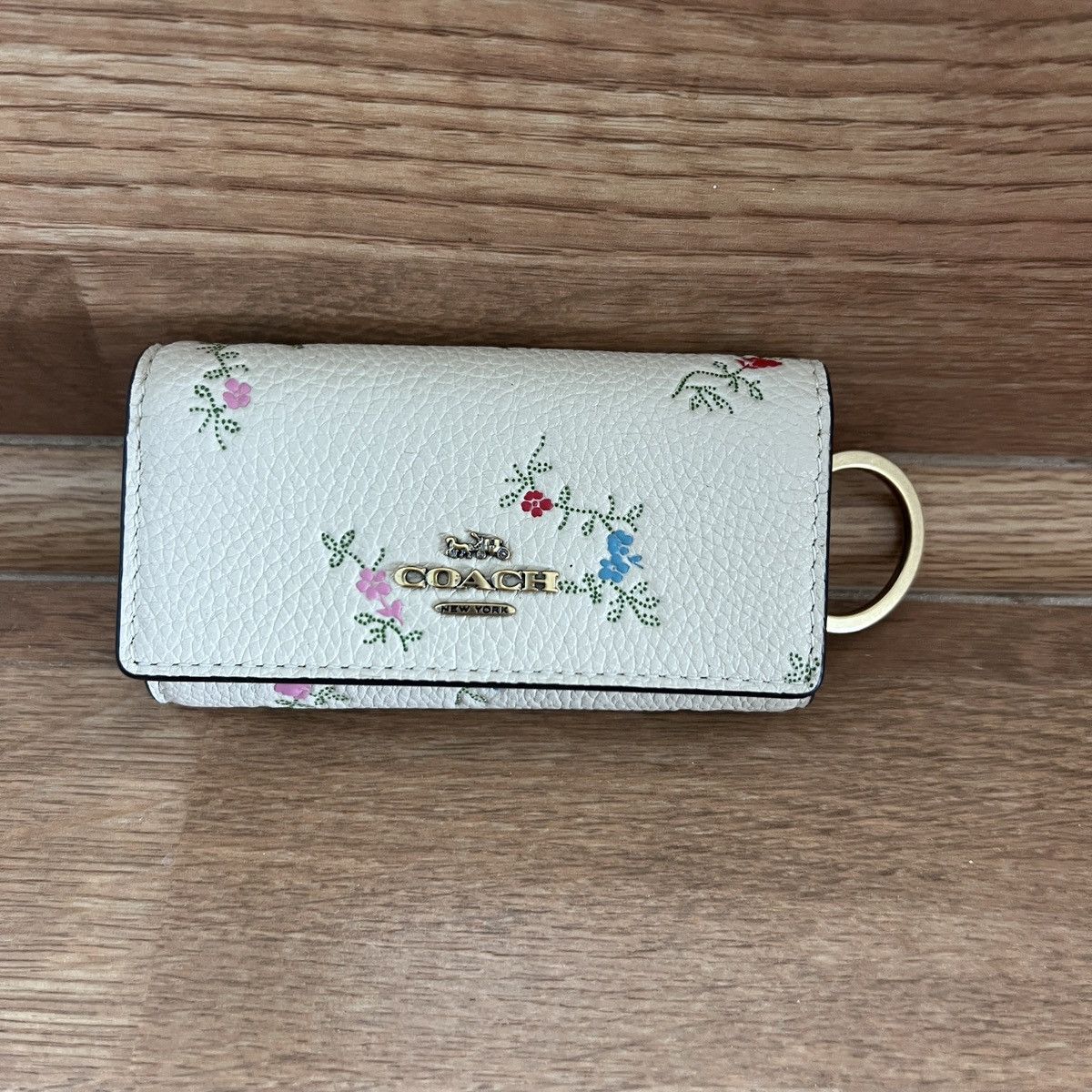 Coach 6 Ring Key Holder Case in Floral Pattern in Ivory, Beige, One Size