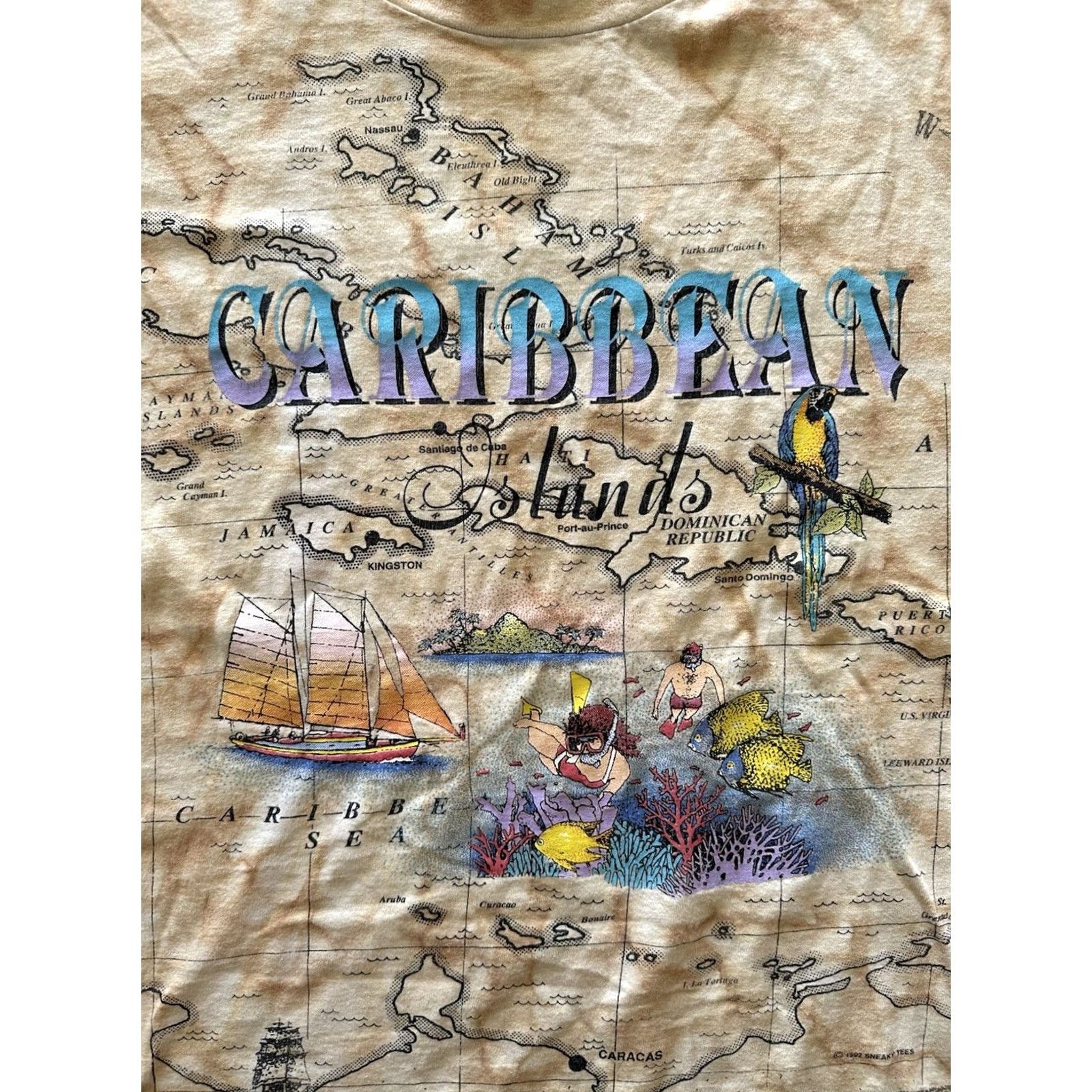 Gildan VINTAGE Caribbean Islands 1990s AOP Short Sleeve T-Shirt XL Beige Gildan Unisex Adults Crew Neck Casual Map 90s Beach Size US XL / EU 56 / 4 - 3 Thumbnail