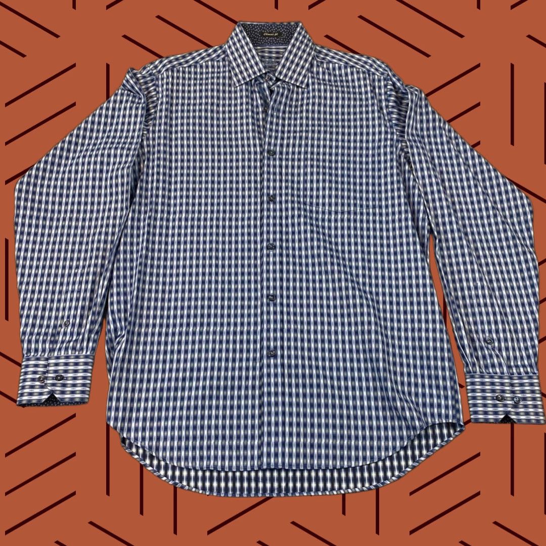 BUGATCHI BUGATCHI Shirt Mens Small Blue Plaid Geometric Button Up Casual Dress Top L/S Size US S / EU 44-46 / 1 - 1 Thumbnail