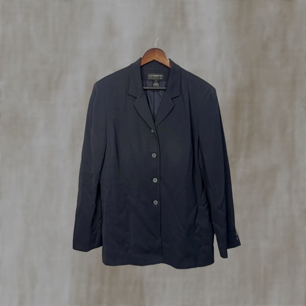 Liz Claiborne VINTAGE Liz Claiborne Collection Blazer Women Navy Blue 16 Double-Breasted Mid-Length Regular Sleeve Long Solid Cotton Lining 100% Cotton Size XXL / US 16-18 / IT 52-54 - 1 Thumbnail