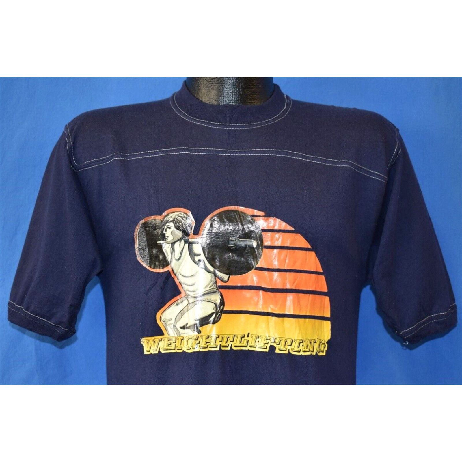 image of Jerzees VTG 70's Weightlifting Lorne Iron On Barbell Training Top Stitch Jersey T-Shirt S in White 