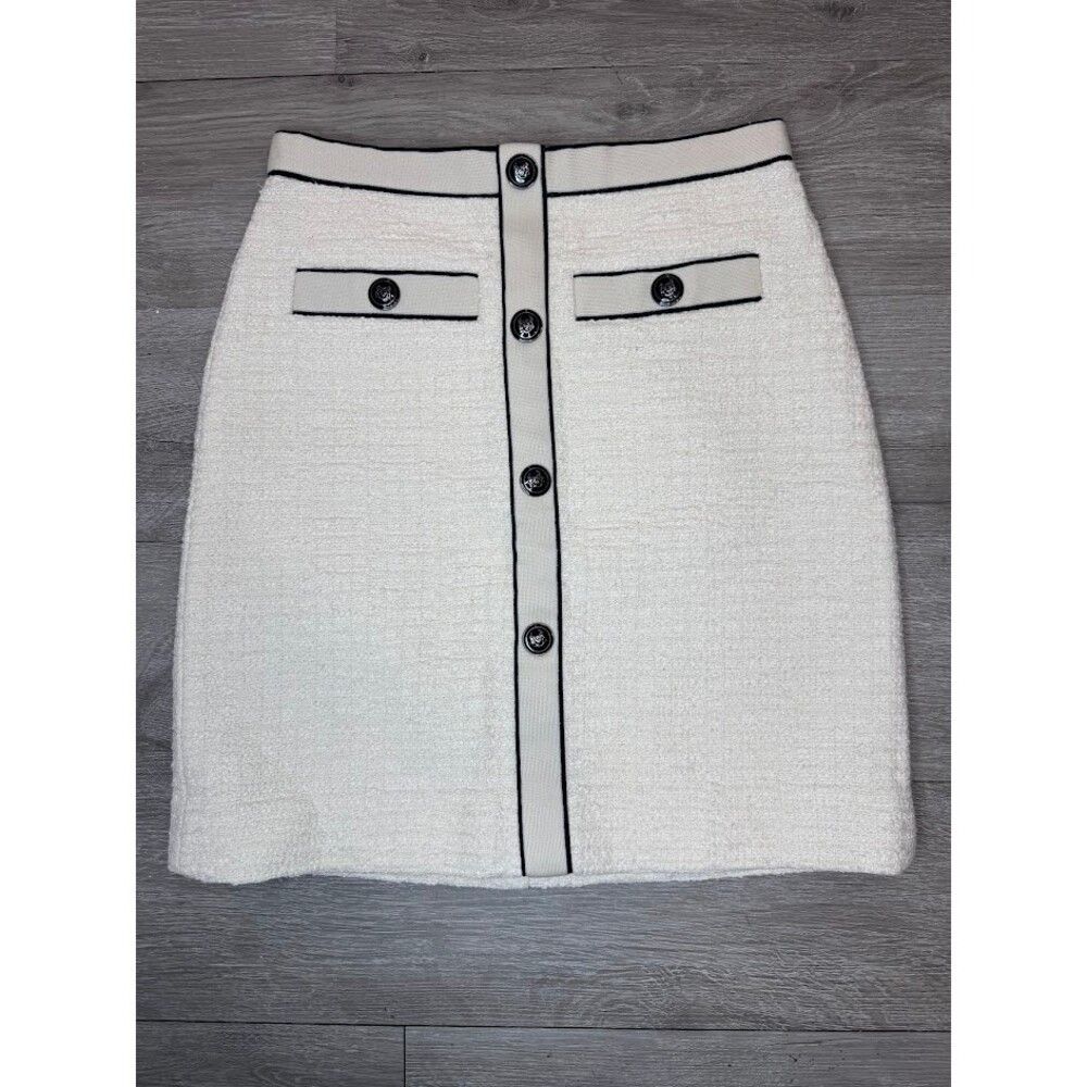 Sandro Cream Tweed Mini Skirt Contrast Trim Button Detail Parisian Size 26" / US 2 / IT 38 - 1 Thumbnail