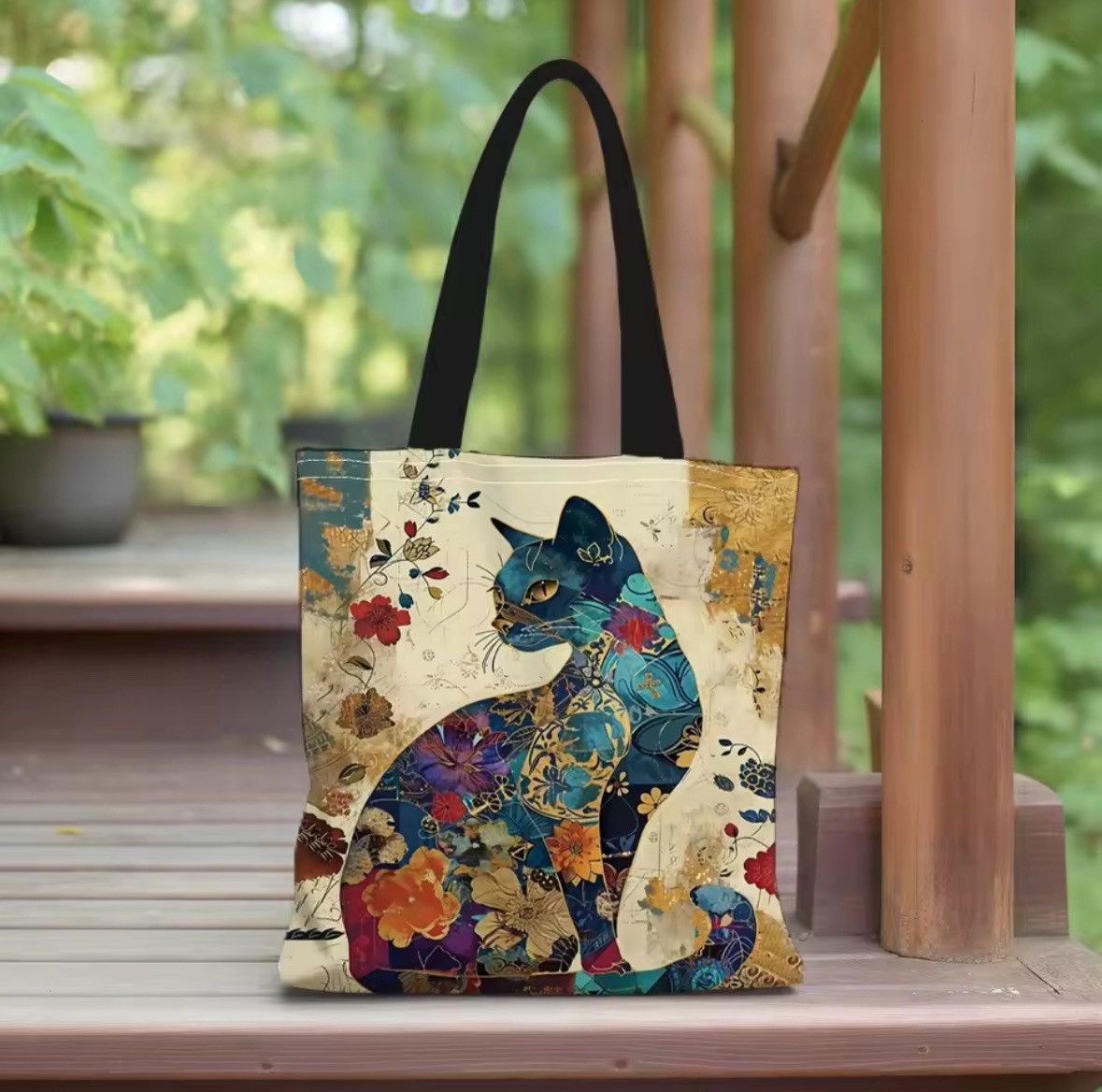 Japanese Brand Floral Cat Pattern Tote Bag, Aesthetic Canvas School Size ONE SIZE - 1 Thumbnail