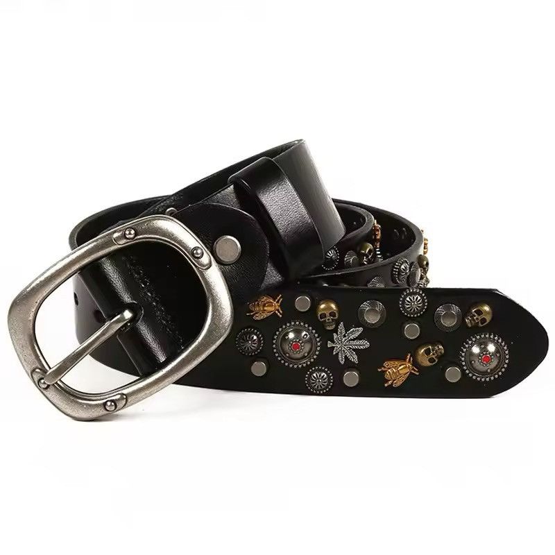 Leather Gothic Punk Skull Skeleton Cow Leather Belt Size ONE SIZE - 2 Thumbnail
