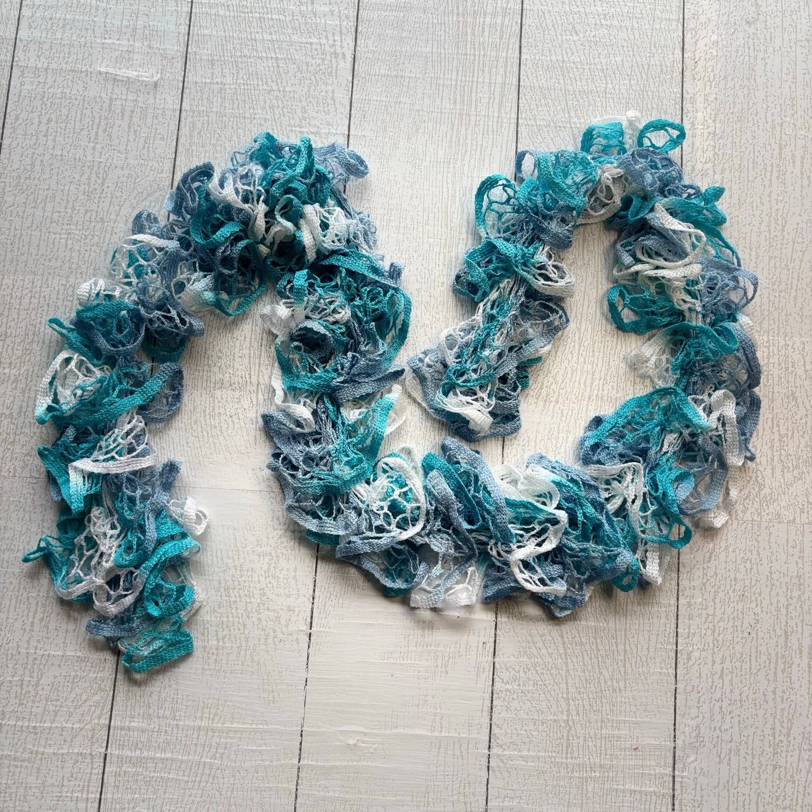 Handmade Handmade Ruffle Scarf In Shades Of Blue, Teal and White Size ONE SIZE - 1 Thumbnail