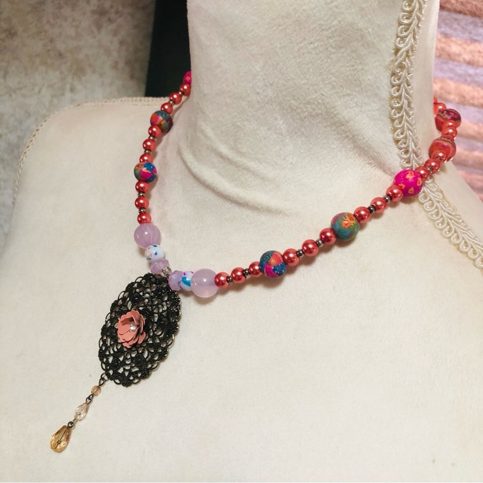 Handmade Handcrafted repurpose rose Czech glass Pearl necklace Size ONE SIZE - 3 Thumbnail