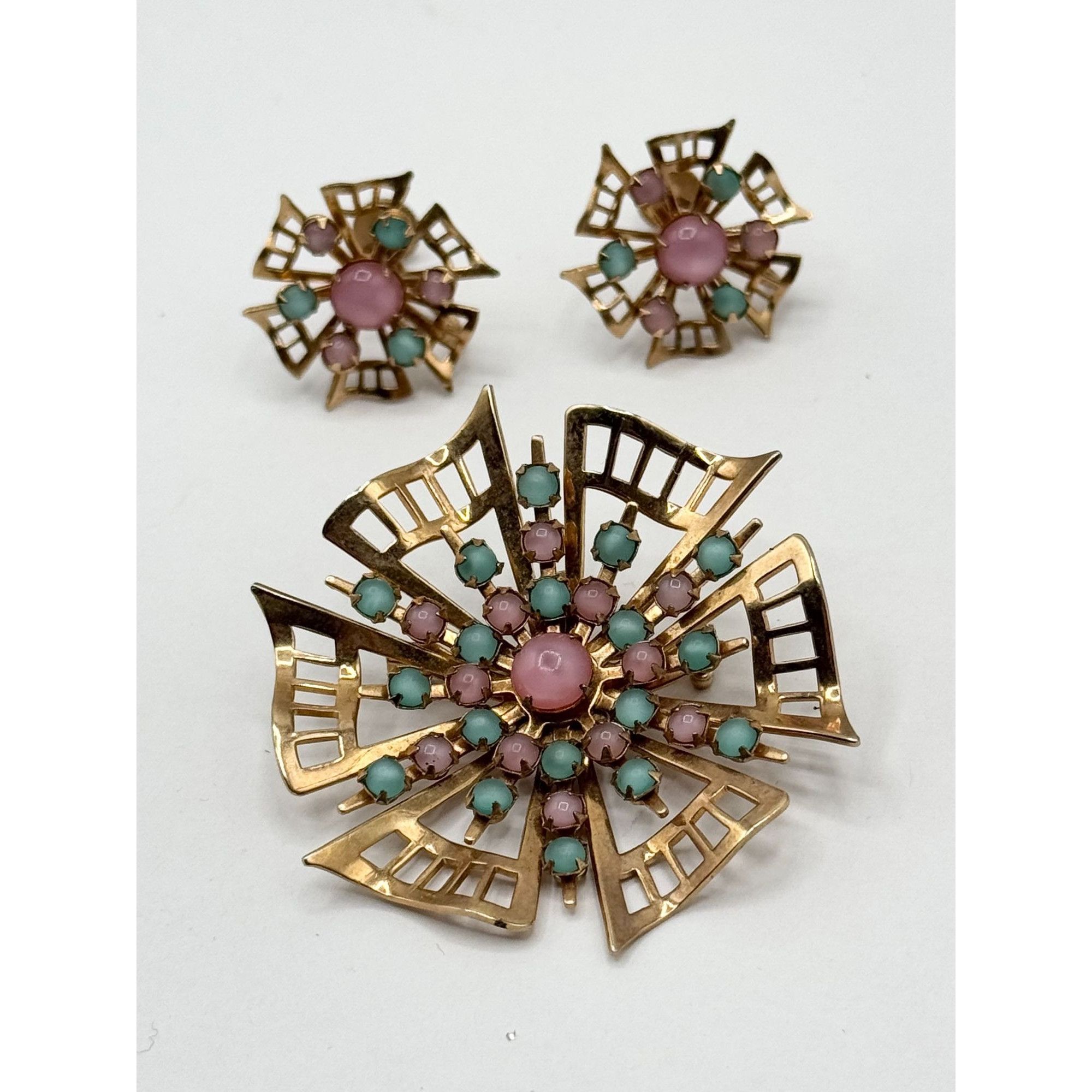 Vintage Vintage pink and blue glass filigree flower brooch pin and e Size ONE SIZE - 3 Thumbnail