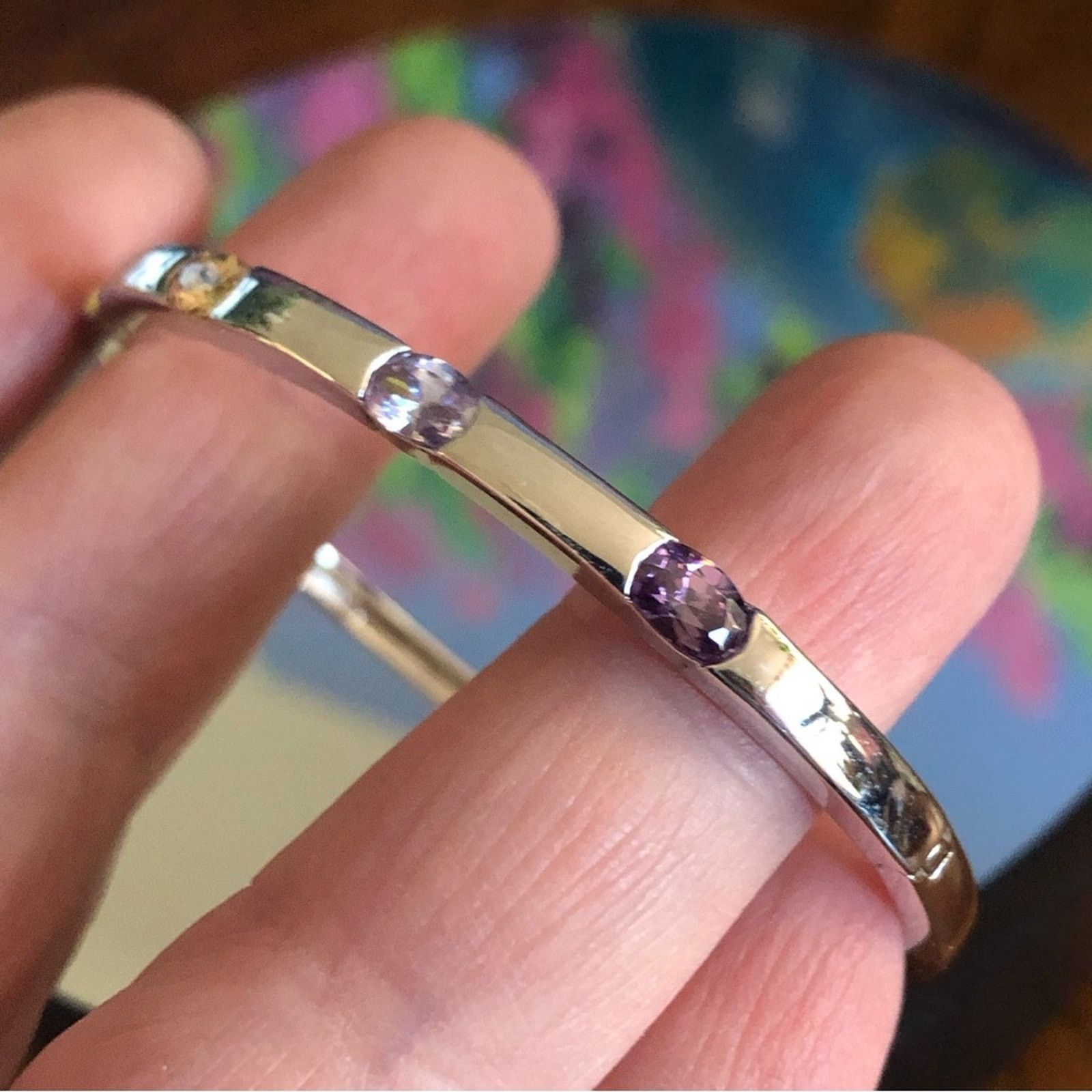 Jewelry Oval colorful glass stone silver bangle bracelet Size ONE SIZE - 6 Thumbnail