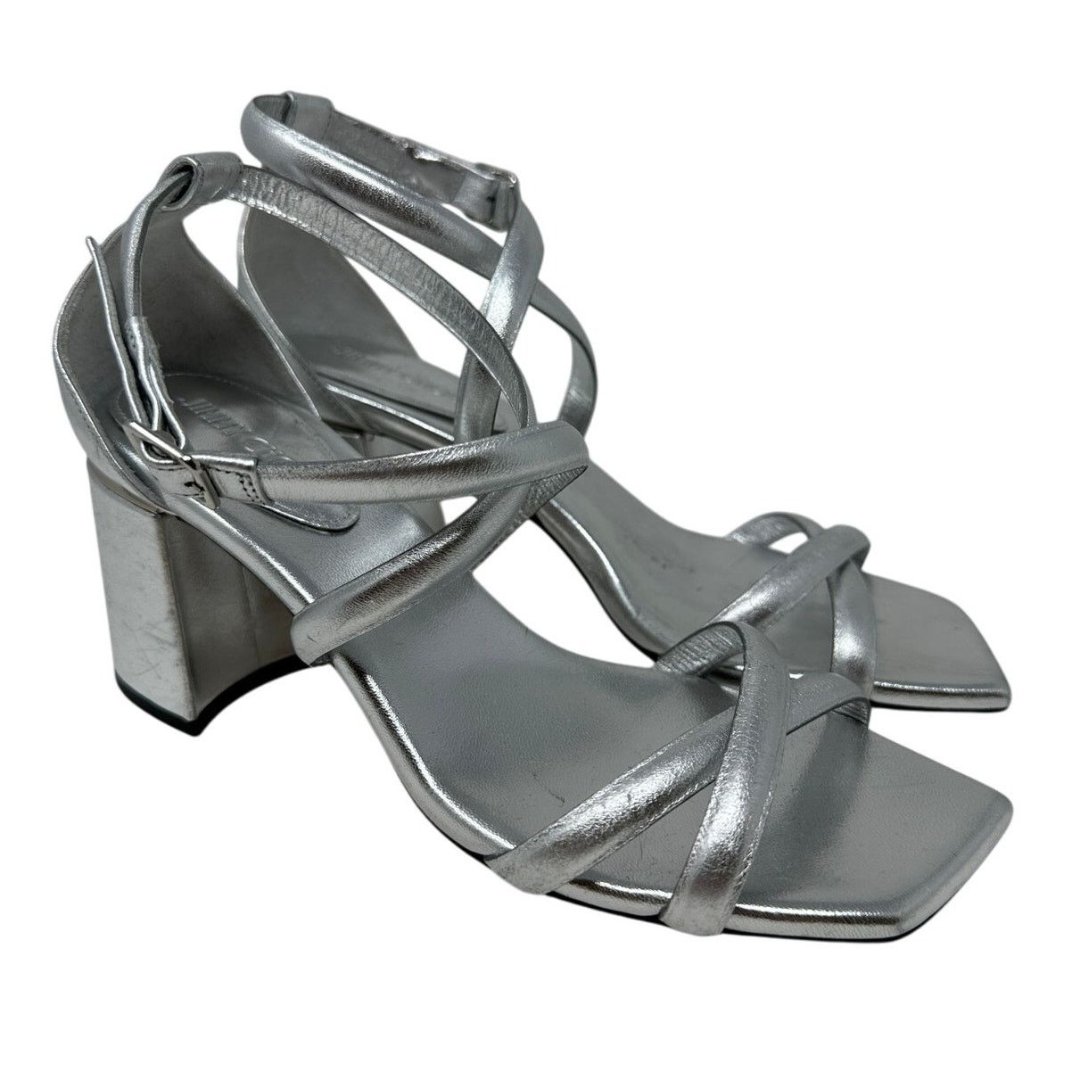 Jimmy Choo Rheea Metallic Heel Sandal 37 US 7 Silver *READ