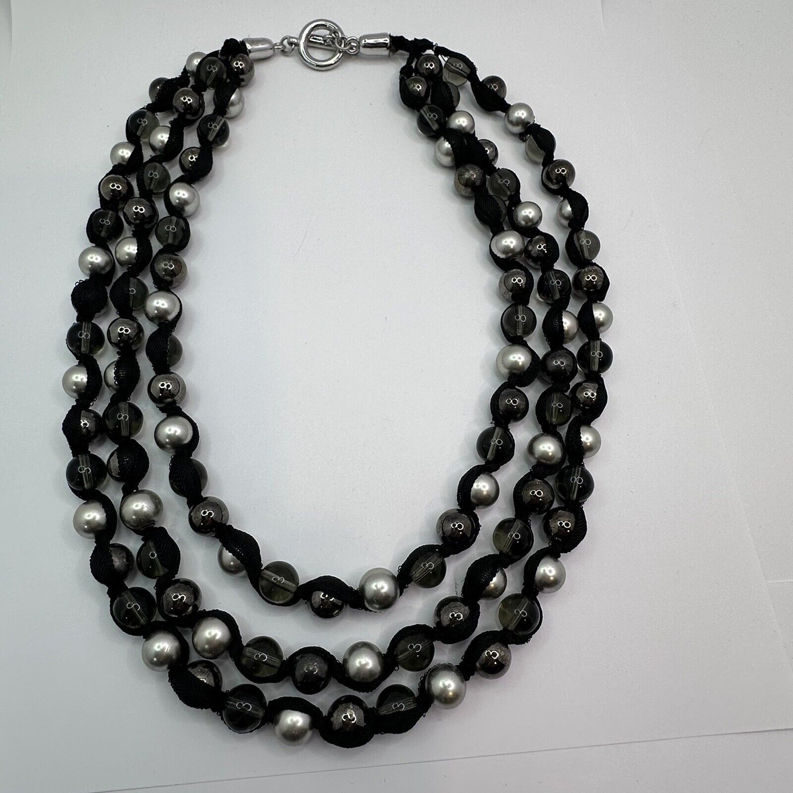 Other MultiStrand Ribbon Necklace Silver Blk Clear Glass Beads 22" Size ONE SIZE - 12 Thumbnail