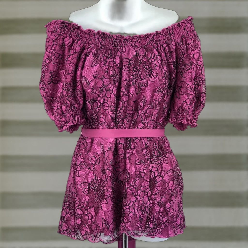 Vintage VINTAGE Fashion Bug Blouse Shirt Womens L Purple Floral Lace Off Shoulder Puff Sleeve Ruffle Tunic/Coquette Floral 90s Theme Size L / US 10 / IT 46 - 1 Thumbnail