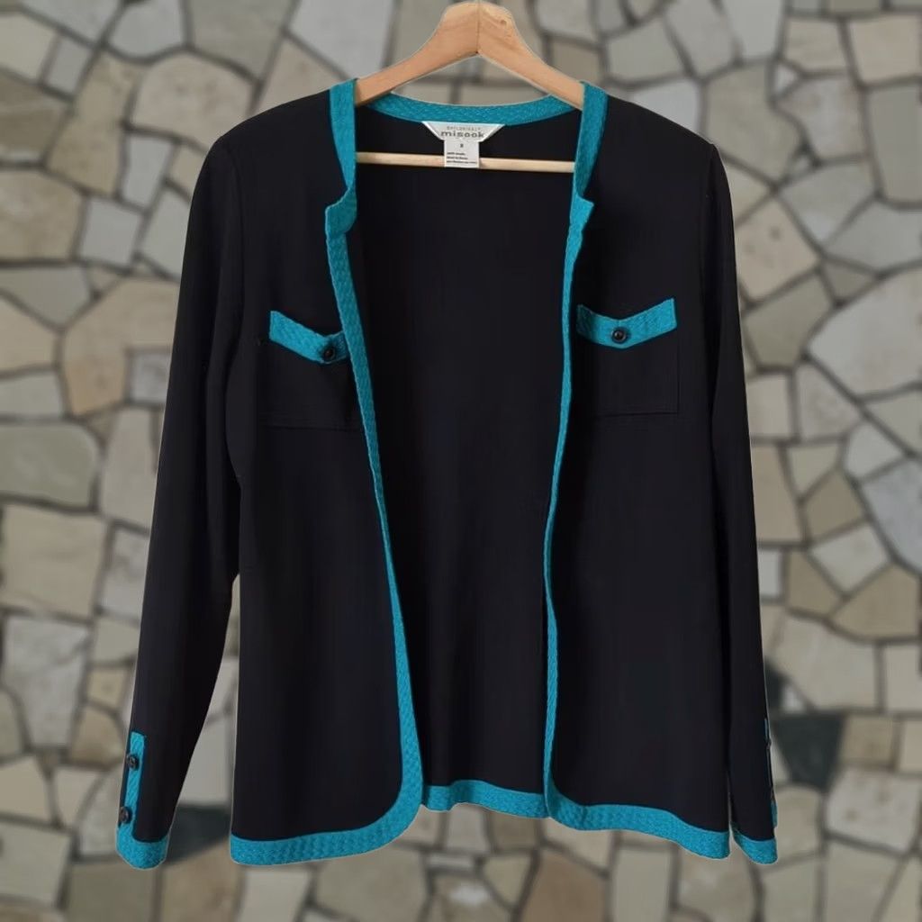 Vintage VINTAGE Exclusively MISOOK Women's Cardigan Sweater Black Open Front Small Elegant Blue Trim Classics"} Size S / US 4 / IT 40 - 1 Thumbnail