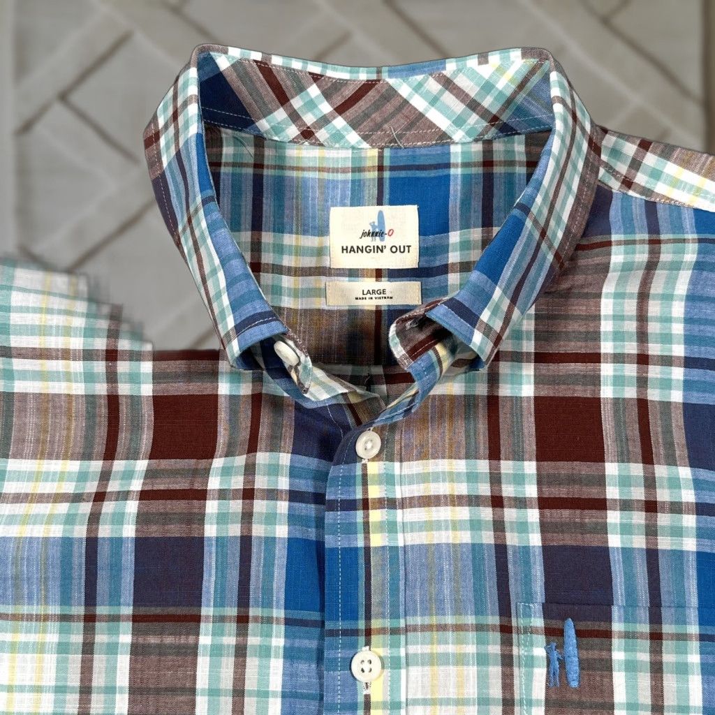 johnnie-O Johnnie-O Men's Shirt Large Blue Brown Plaid Cotton Casual Button-Down Long Sleeve Preppy Size US L / EU 52-54 / 3 - 1 Thumbnail