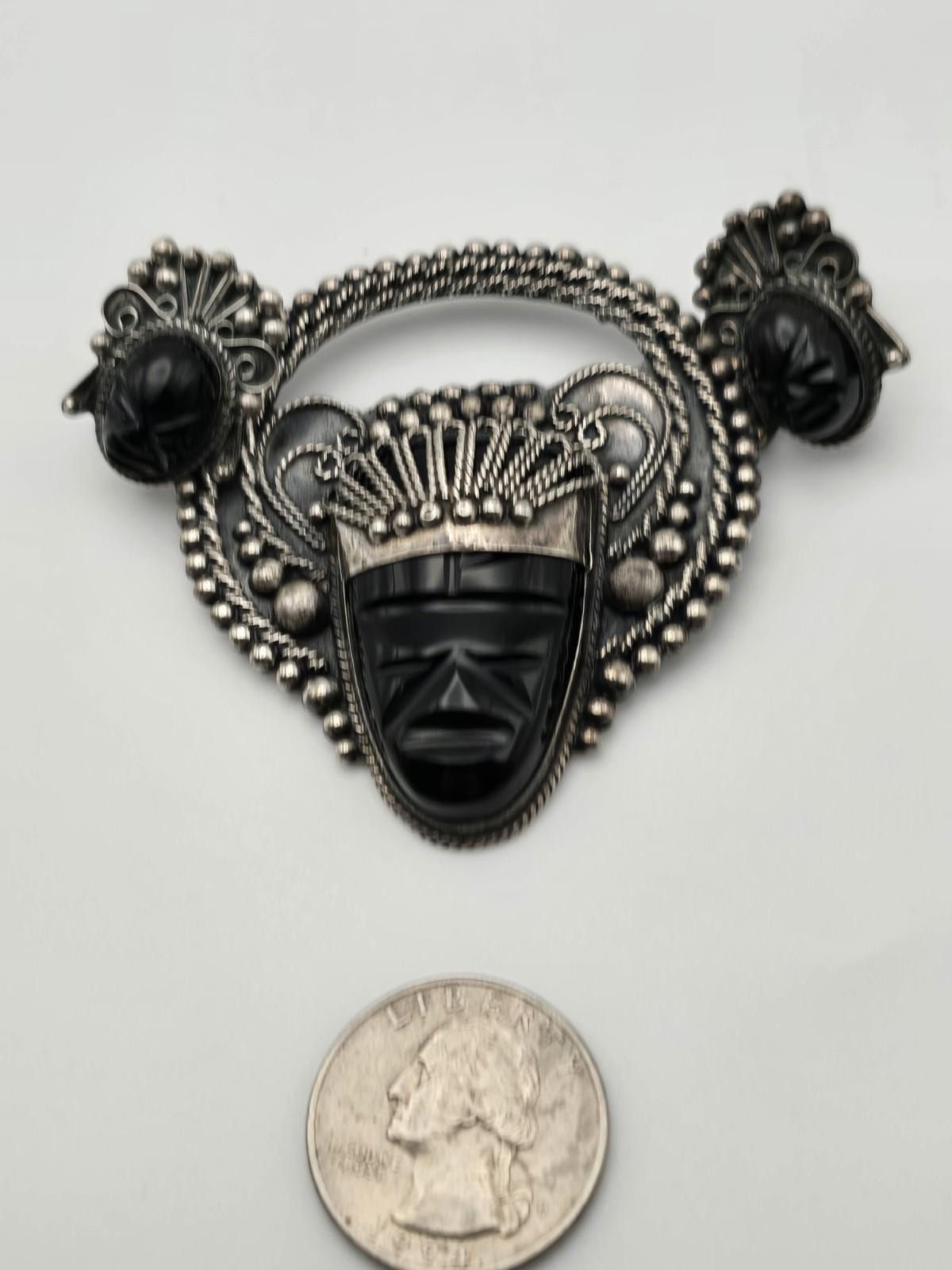 Other Mexican Sterling Onyx Mask Brooch & Earring Set Size ONE SIZE - 1 Thumbnail