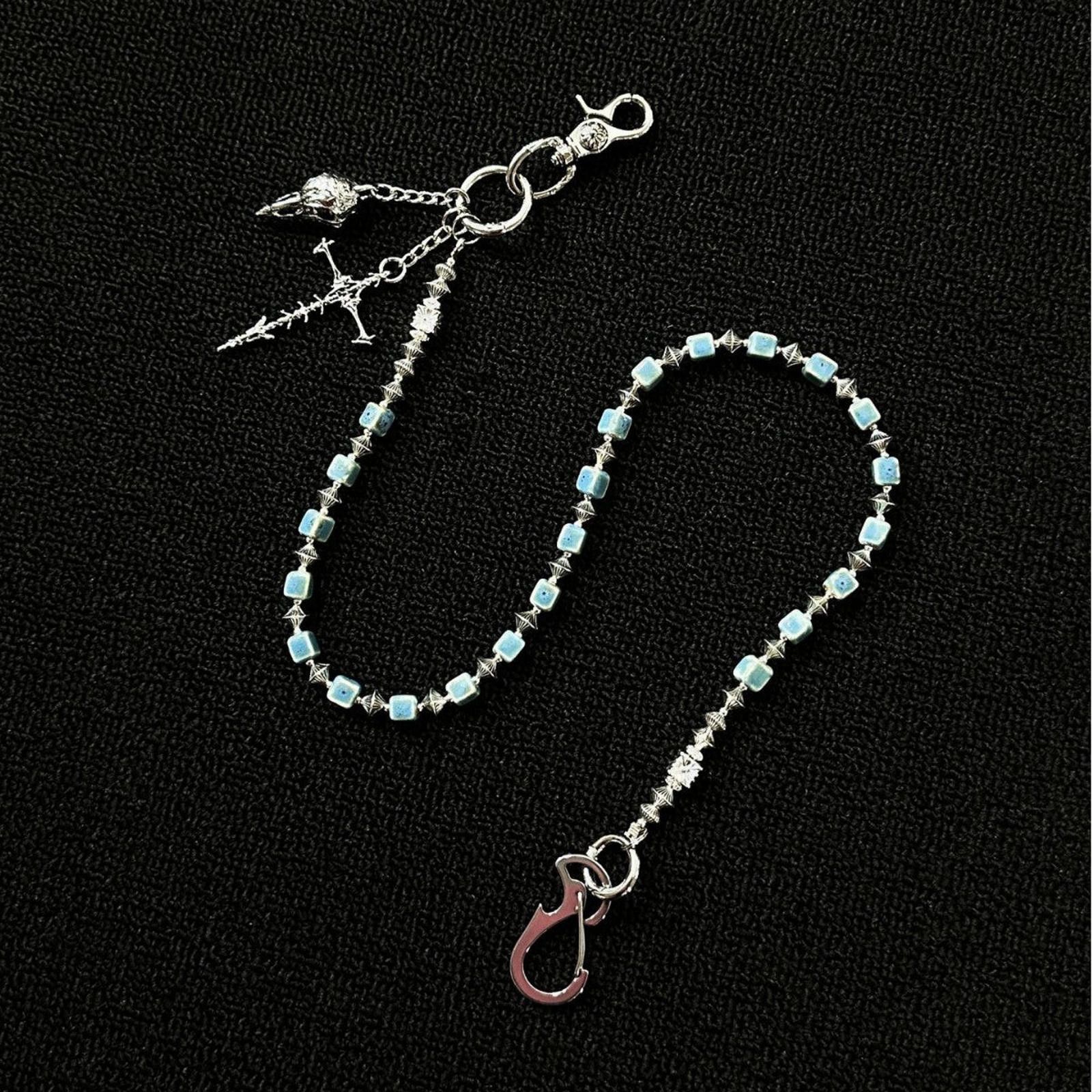 Jewelry Silver Blue Beaded Men’s Chain with Cross Pendant Size ONE SIZE - 3 Thumbnail