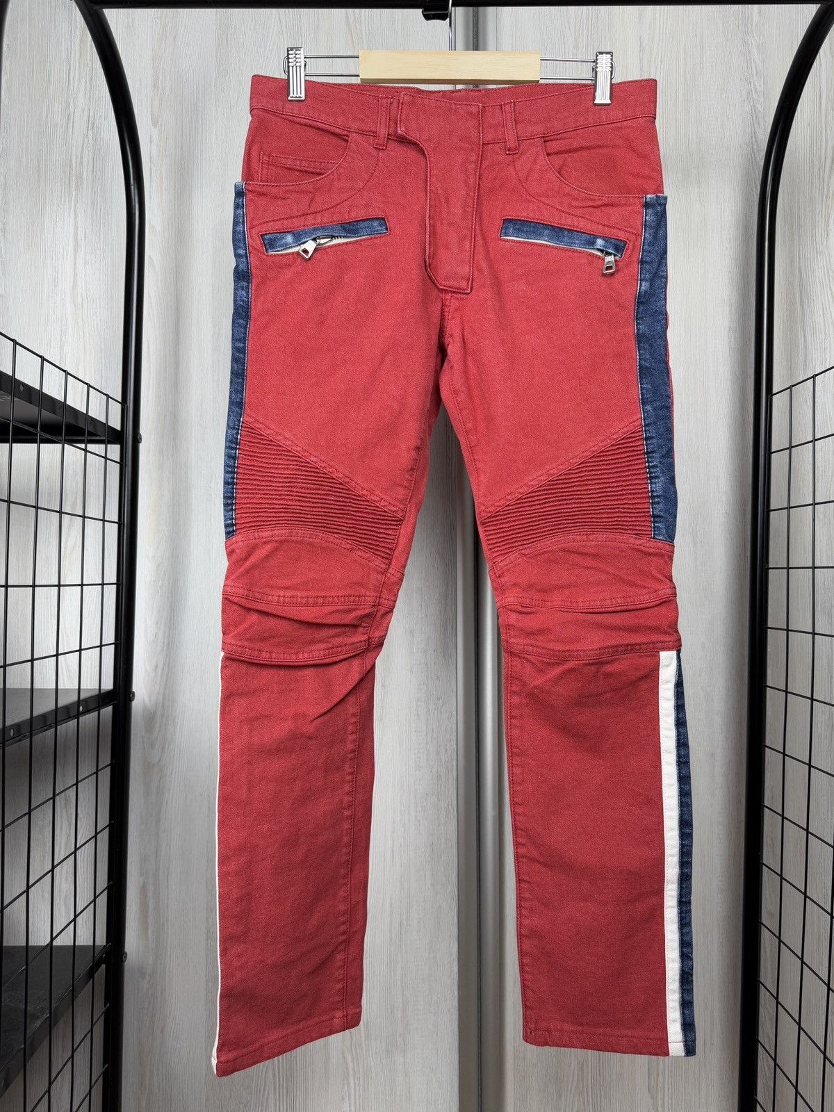 Balmain Balmain 15SS Men's Side Stripe Stretch Biker Red Denim Jeans Size US 29 - 2 Thumbnail