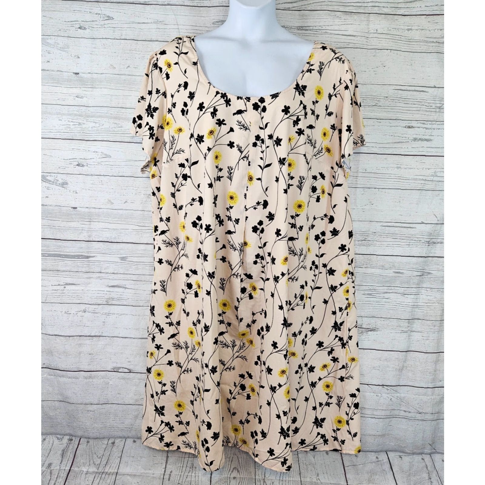 Vintage eShakti Womens Dress 5X Black Yellow Floral Short Sleeve Pockets Scoop Neck A-Line Knee Length Plus Womens Size 40" / US 18 - 2 Thumbnail