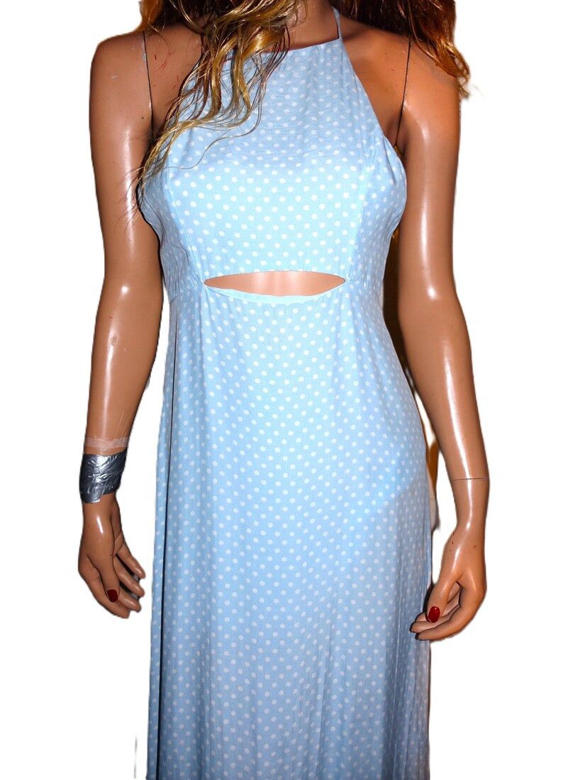 Vintage Baby Blue White Polka Dot Cut Out Maxi Dress S Size S / US 4 / IT 40 - 8 Thumbnail