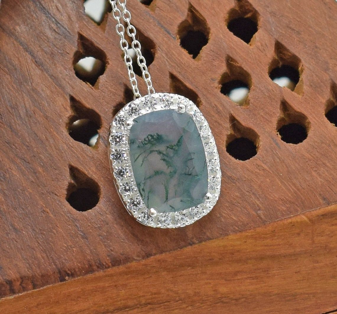 Handmade Moss Agate 925 Sterling Silver Necklace: Meditation Jewelry Size ONE SIZE - 1 Thumbnail