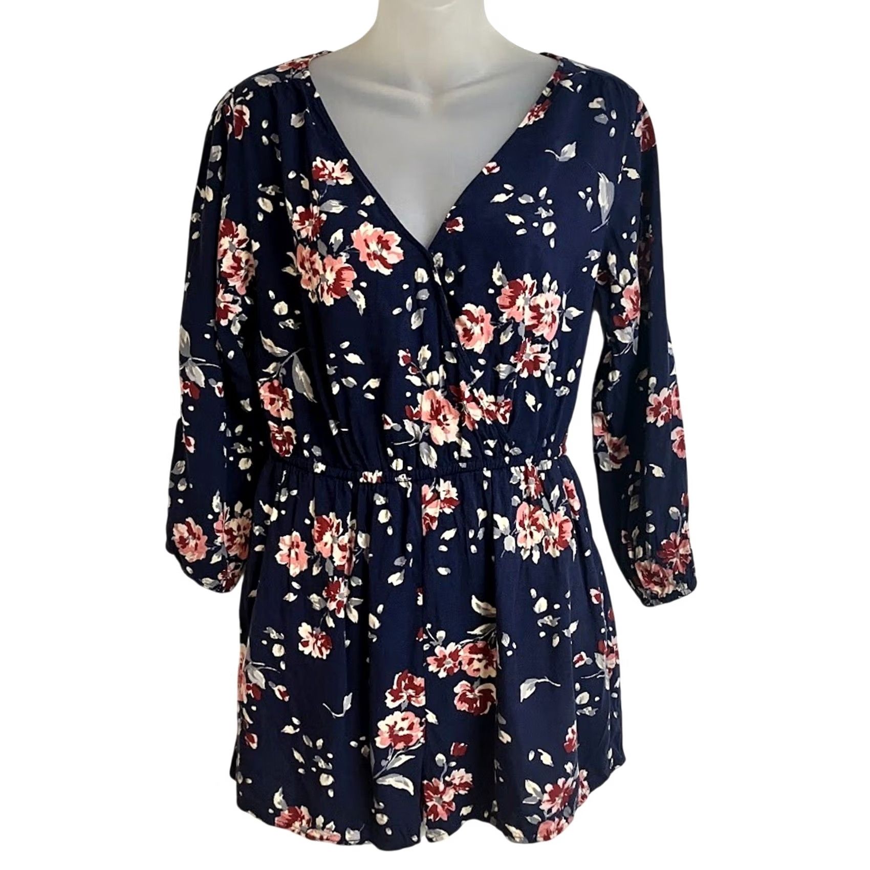 Vintage Cape Juby Floral Romper 3/4 Sleeve Navy Blue Pink Short Jumper Size M Size M / US 6-8 / IT 42-44 - 2 Thumbnail