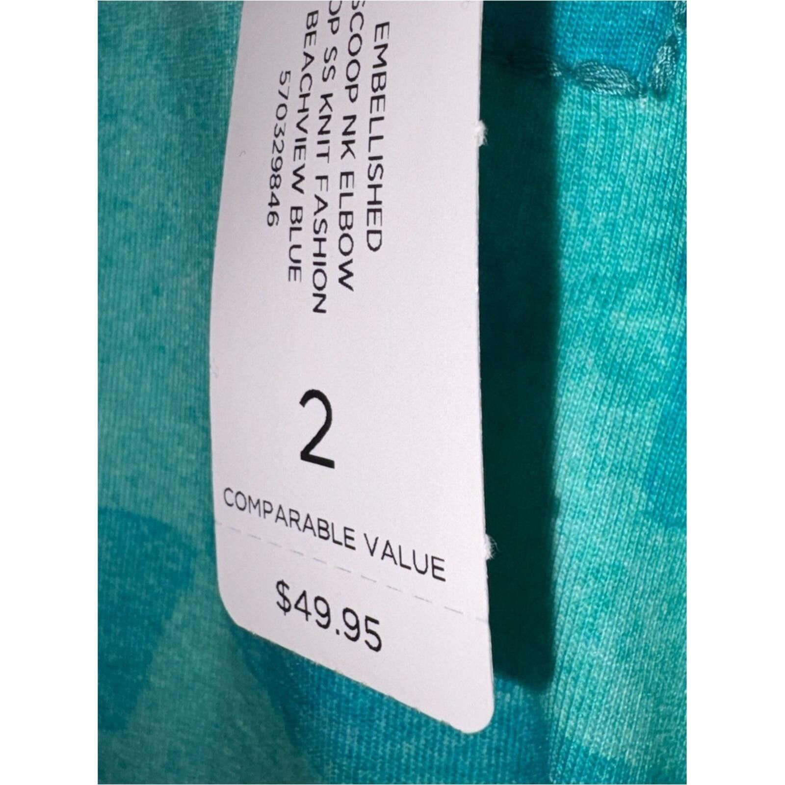 Chicos Chico's Turquoise Short-Sleeve Scoop Neck Patterned Top Size M / US 6-8 / IT 42-44 - 3 Thumbnail