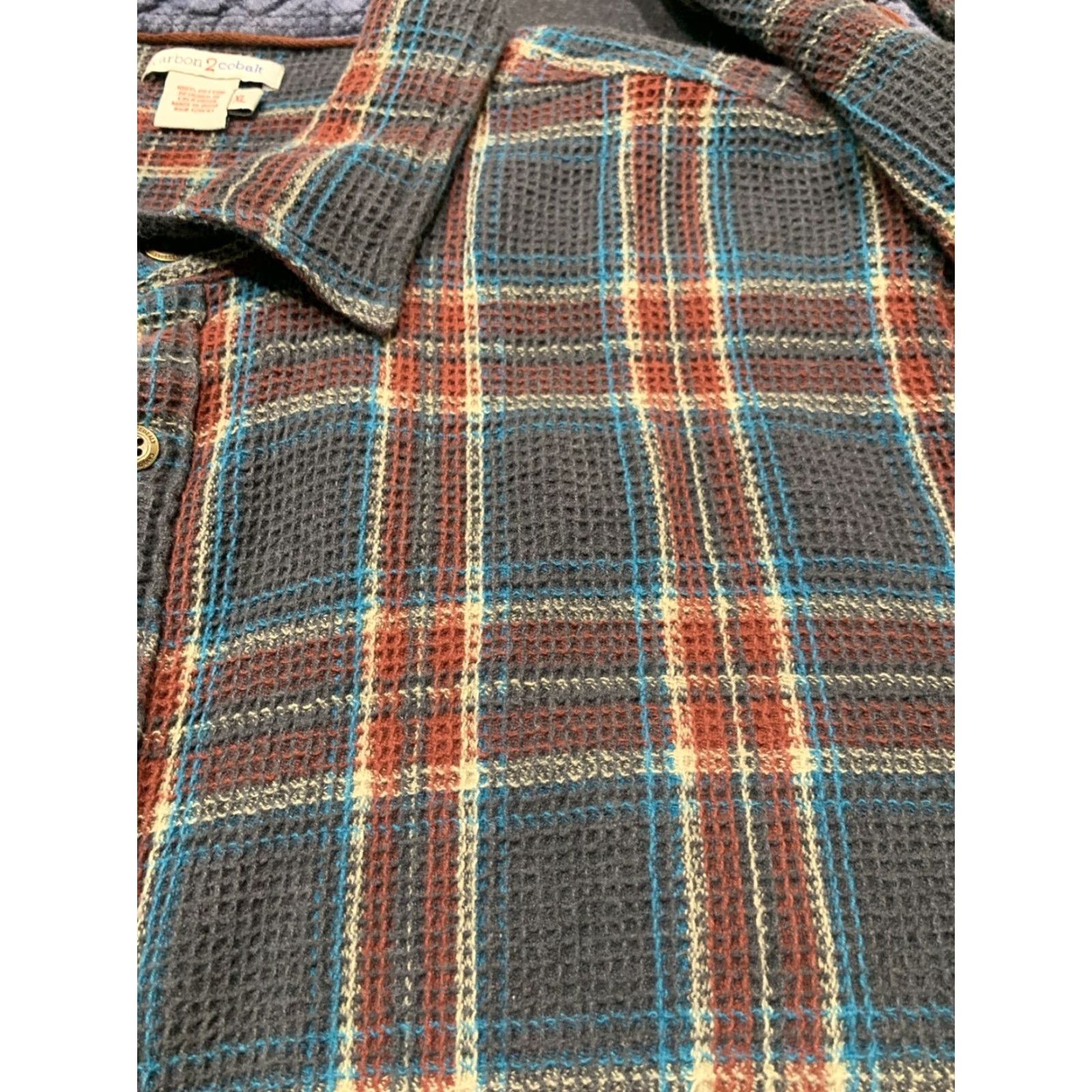 Carbon Carbon Plaid Waffle Knit Long Sleeve Button-Up Shirt XL Multicolor Mens Size US XL / EU 56 / 4 - 3 Thumbnail