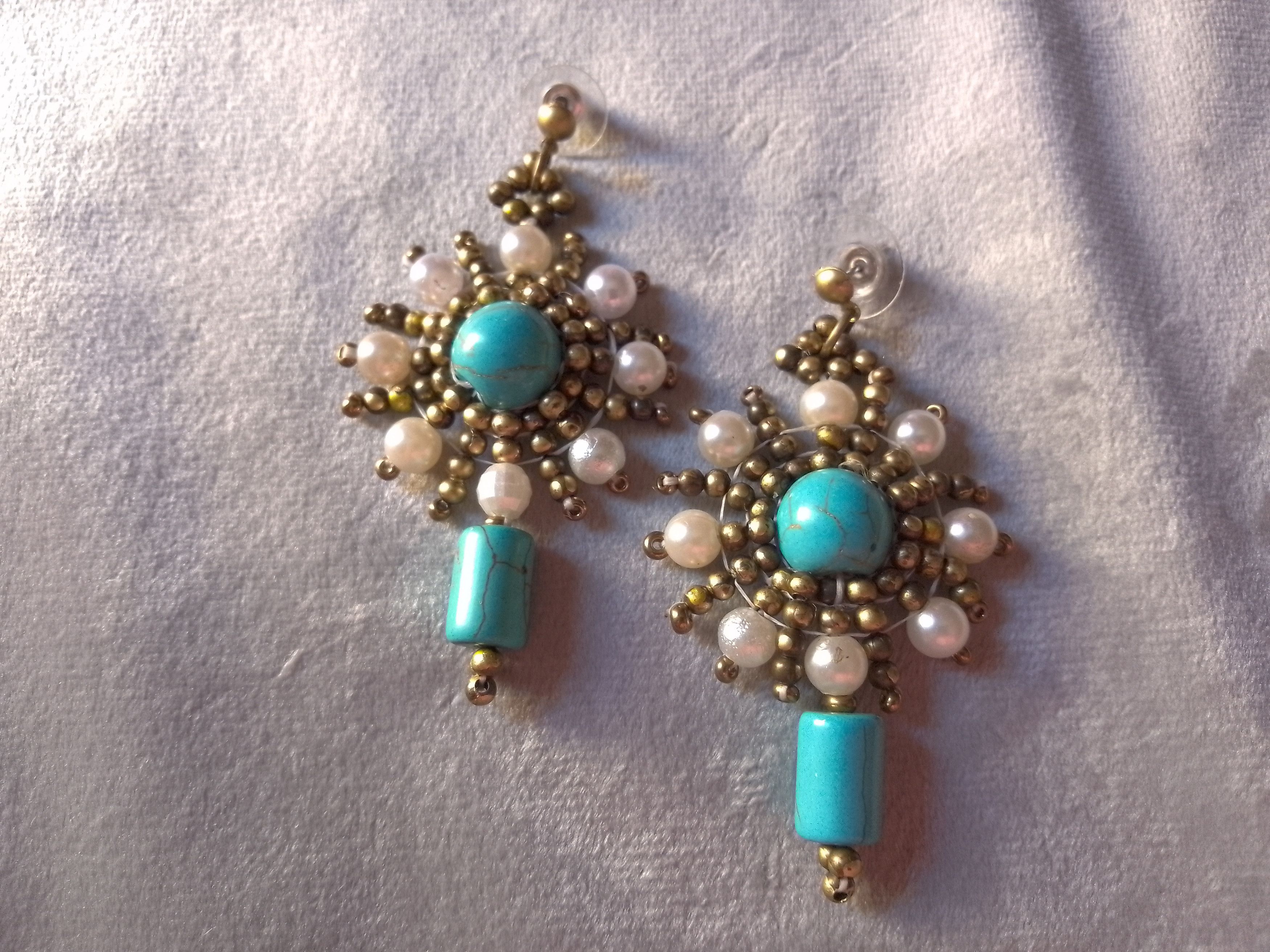 Handmade Earrings Precious Turquoise Howlite gemstones. pearls, brass Size ONE SIZE - 4 Thumbnail