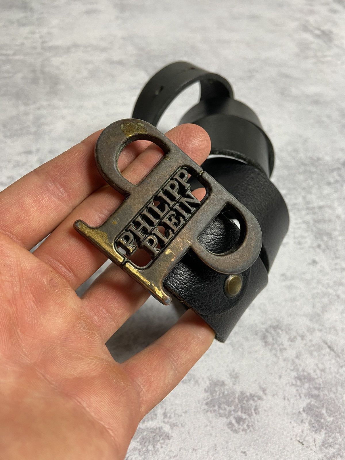 RARE Philip Plein Y2K Genuine Leather Big Logo Buckle Belt