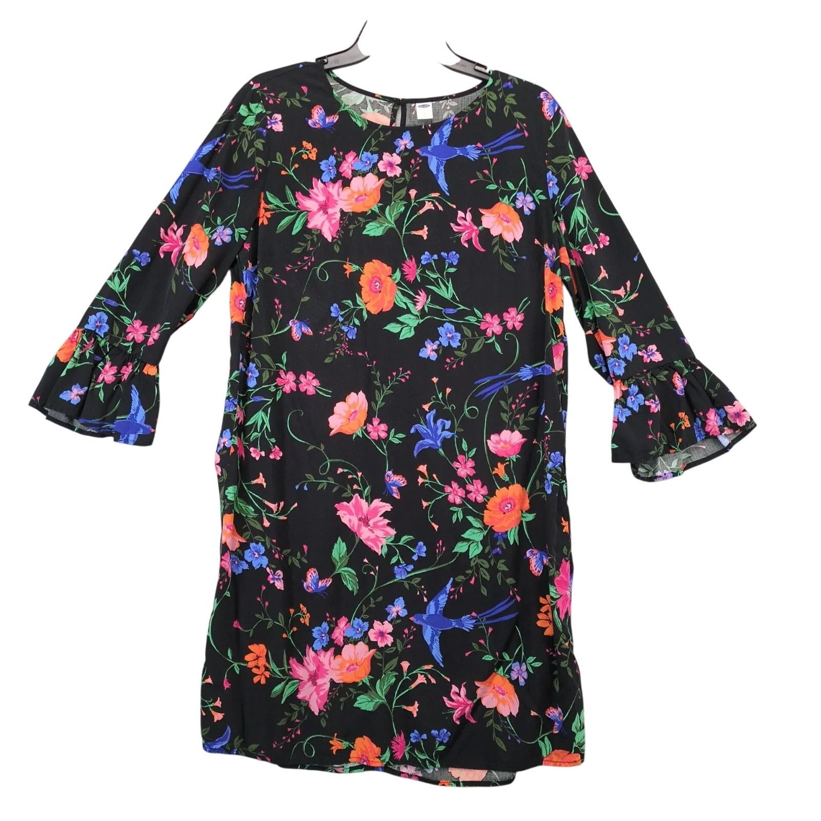 Old Navy Old Navy Black Floral Print Knee-Length Dress Sz L Flare Slv Size L / US 10 / IT 46 - 1 Thumbnail