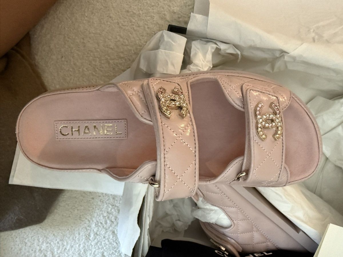 Chanel Quilted Velcro Crystal CC Slide Sandals Light Pink Size US 8.5 / IT 38.5 - 4 Thumbnail