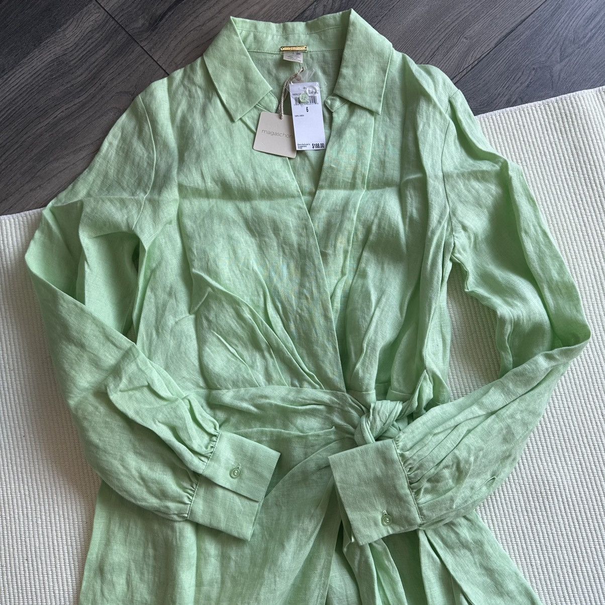 Magaschoni Pistachio Green Linen Long Sleeve Wrap Midi Dress - crrs.pl