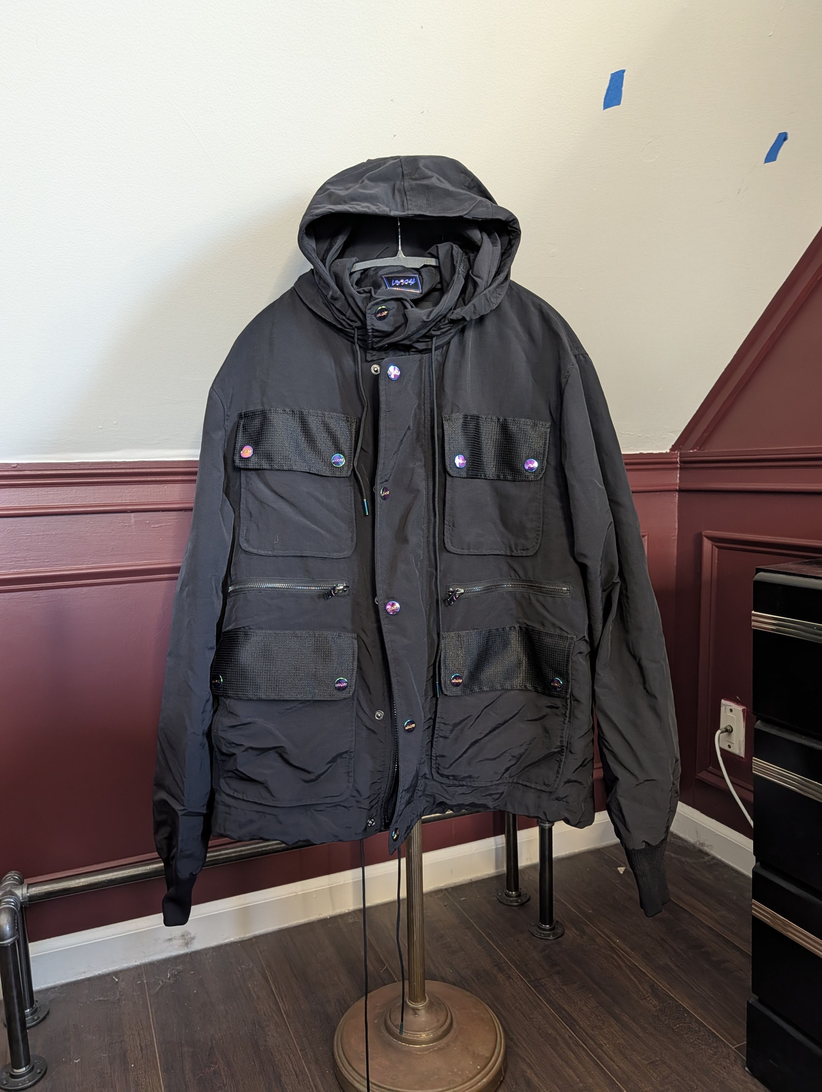 Black Zip-Up Cargo Packable Hood Coat / Jacket Med.