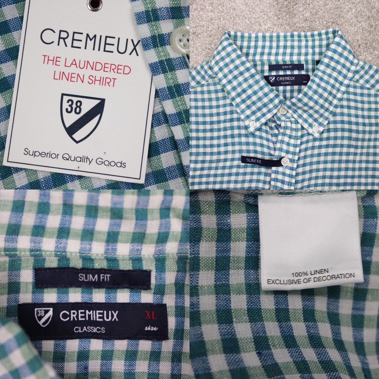 Cremieux Cremieux Long Sleeve Button-Down Shirt Mens Large Green/White Slim Fit Linen Cotton Check NWT S/S Button-Up Shirt Size US L / EU 52-54 / 3 - 8 Thumbnail