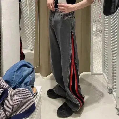 Japanese Brand Straight Frayed Jeans Side Zipper Harajuku Style Loose Pants Size US 30 / EU 46 - 2 Thumbnail
