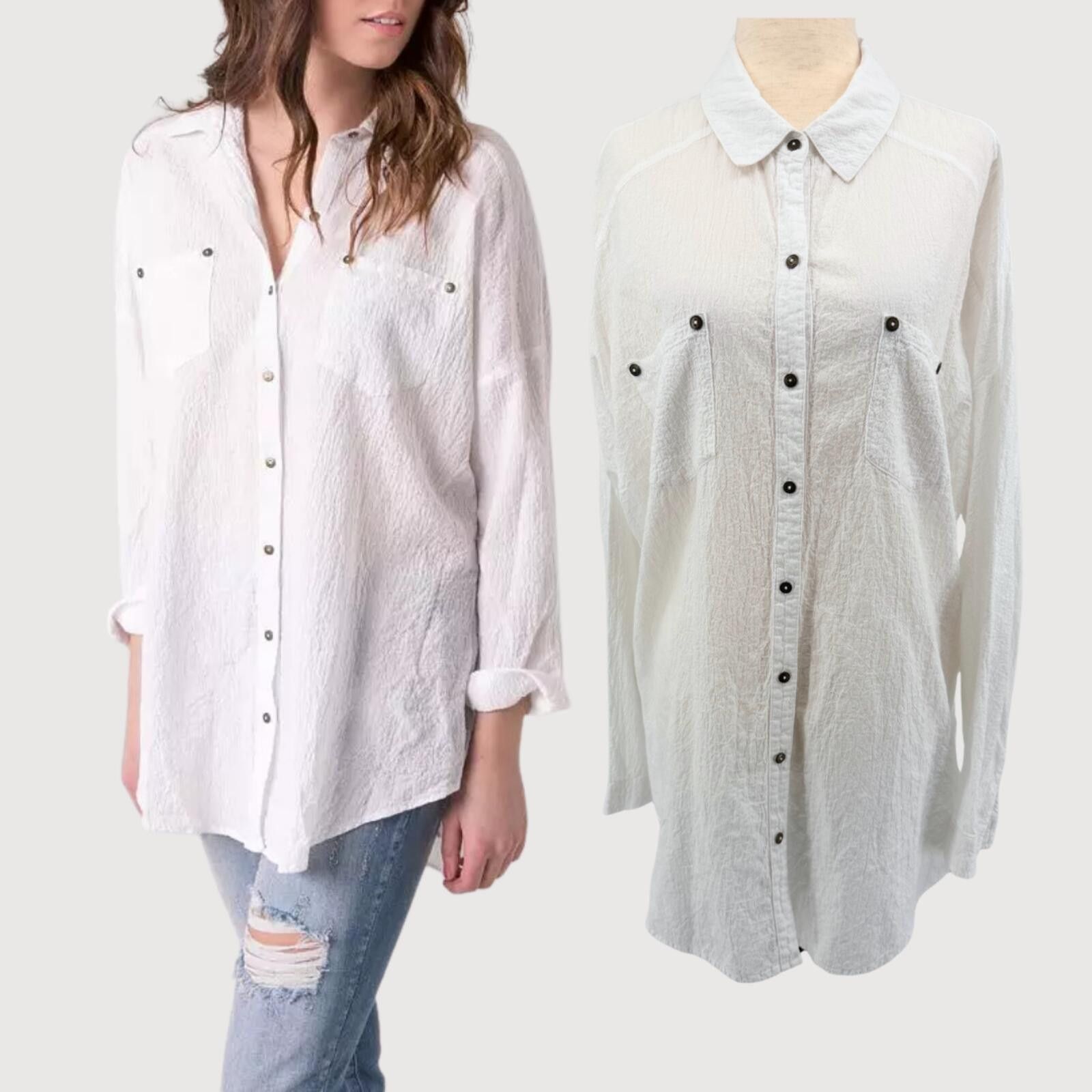 Free People Free People White Tunic Button Down Shirt Textured S Size S / US 4 / IT 40 - 1 Thumbnail