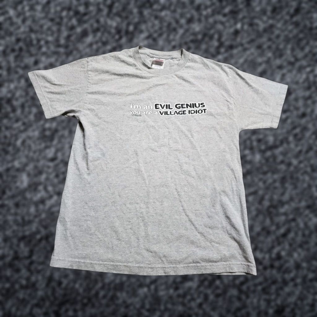 Vintage VINTAGE Men's T-Shirt L Gray Funny Evil Genius Village Idiot Y2K Graphic Print Short Sleeve | 90s Streetwear Quirky Mens Size US L / EU 52-54 / 3 - 1 Thumbnail