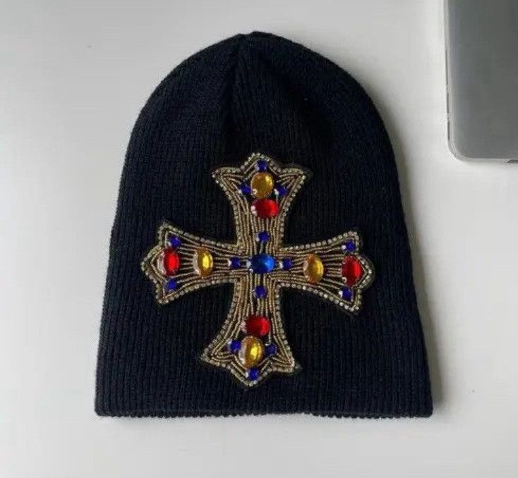 Japanese Brand Outdoor retro huge rhinestone cross knitted beanie hat Size ONE SIZE - 2 Thumbnail