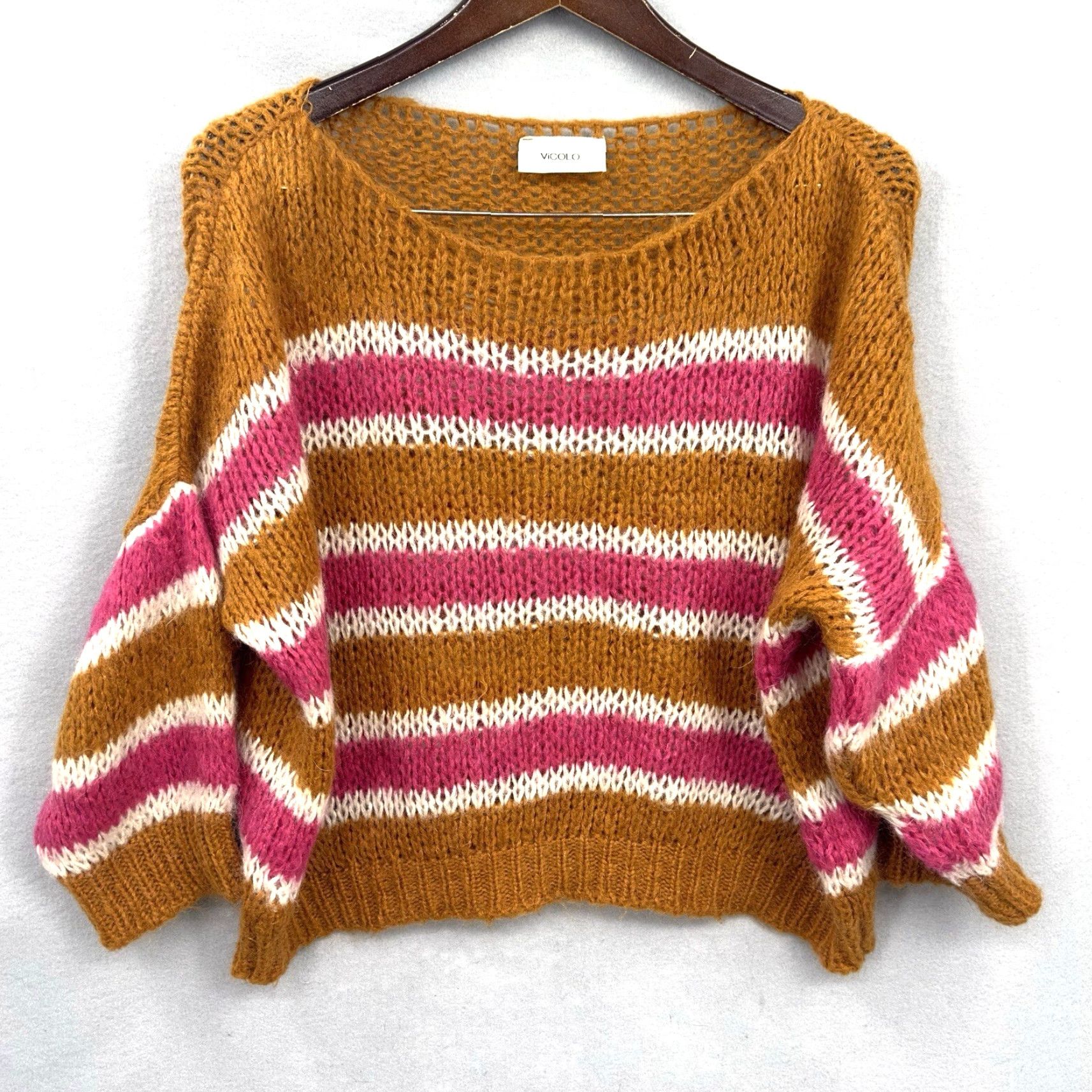 Vintage Vicolo Sweater Women M Striped Open Knit Dolman Crew Neck Casual Knit Pullover Beige Classic, Preppy Womens Fashion Size M / US 6-8 / IT 42-44 - 2 Thumbnail