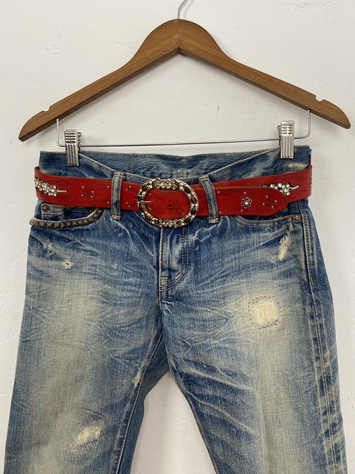 If Six Was Nine Red butterfly flower crystal 100% leather belt Size ONE SIZE - 4 Thumbnail