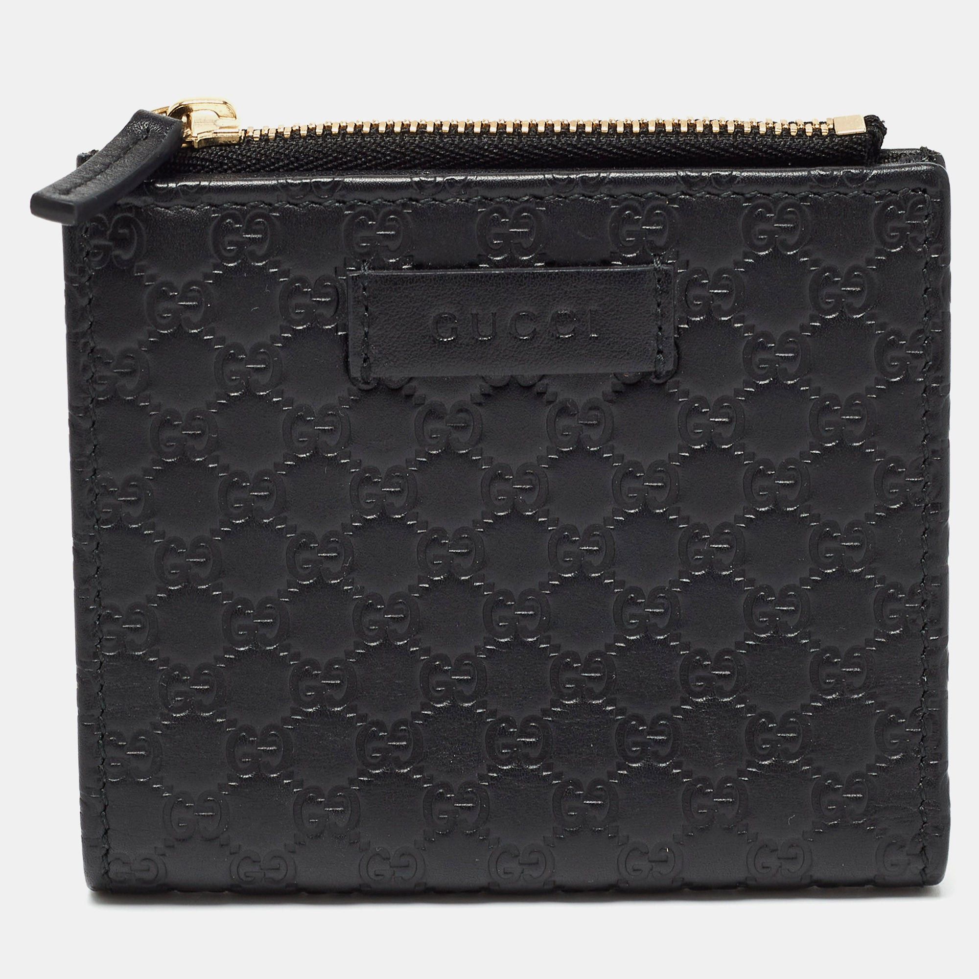 image of Gucci Black Microssima Leather Compact Wallet, Women's