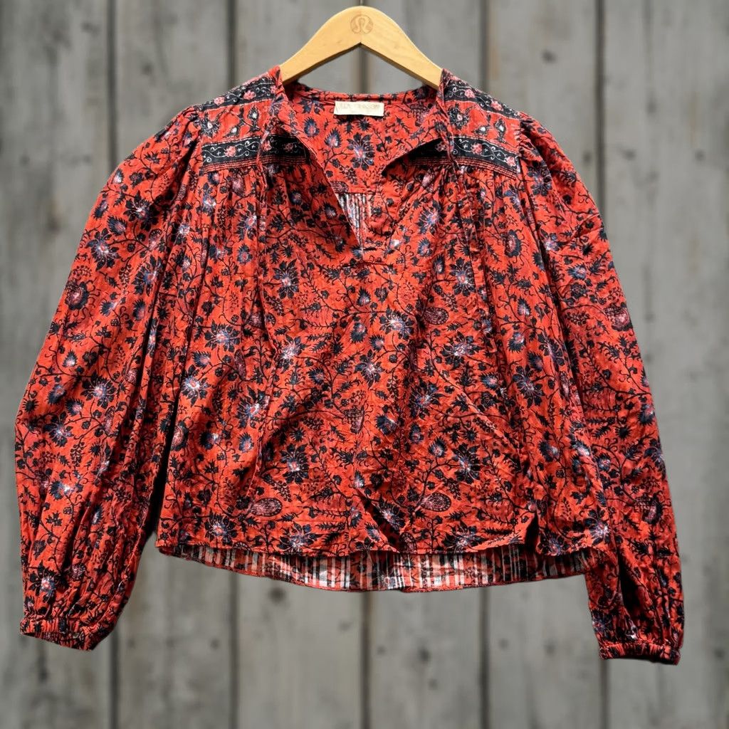 Ulla Johnson Ulla Johnson Blouse Womens 00 Red Floral Collared Balloon Sleeve Boho Top Size XXS / US 00 / IT 34 - 1 Thumbnail