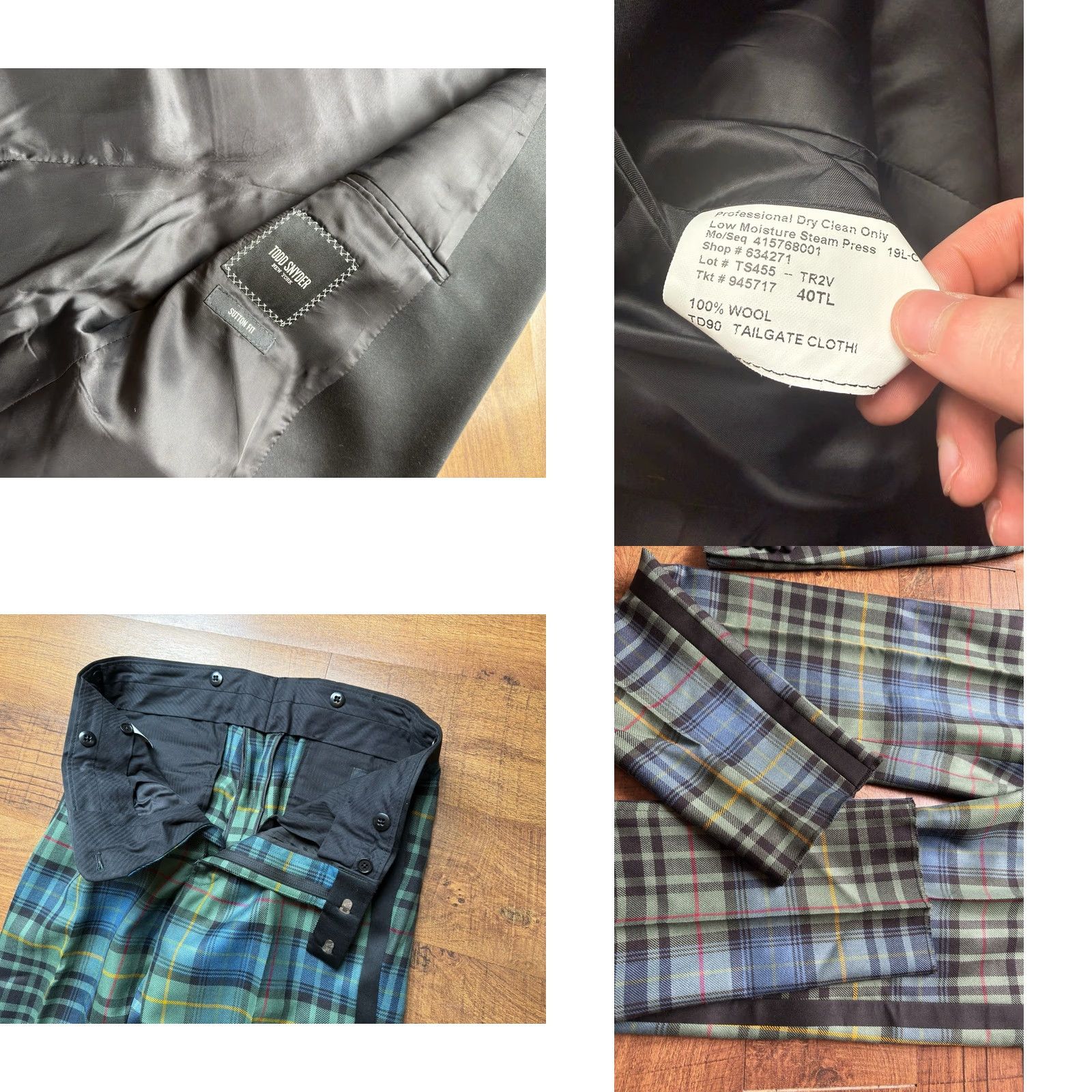 Todd Snyder NWT Todd Snyder Italian Peak Lapel Tuxedo Suit Wool Tartan Plaid Mens Size 40L Jacket Pants 2 Piece Green Wool Peak Taupe/Green? Size 40R - 9 Thumbnail