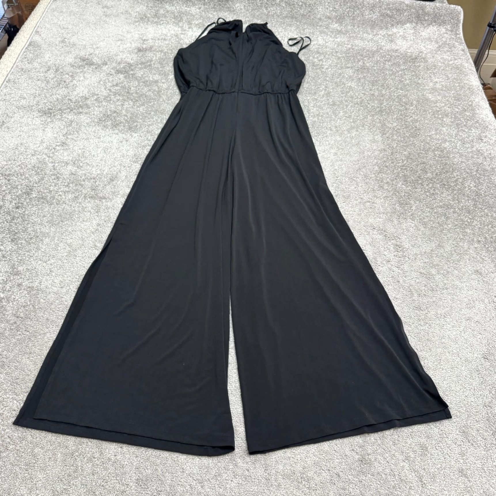 MAGGY LONDON VINTAGE? No — Maggy London Wideleg Jumpsuit Women 12 Black Side Slit Stretch Drawstring Halter Sleeveless Size 34" / US 12 / IT 48 - 2 Thumbnail