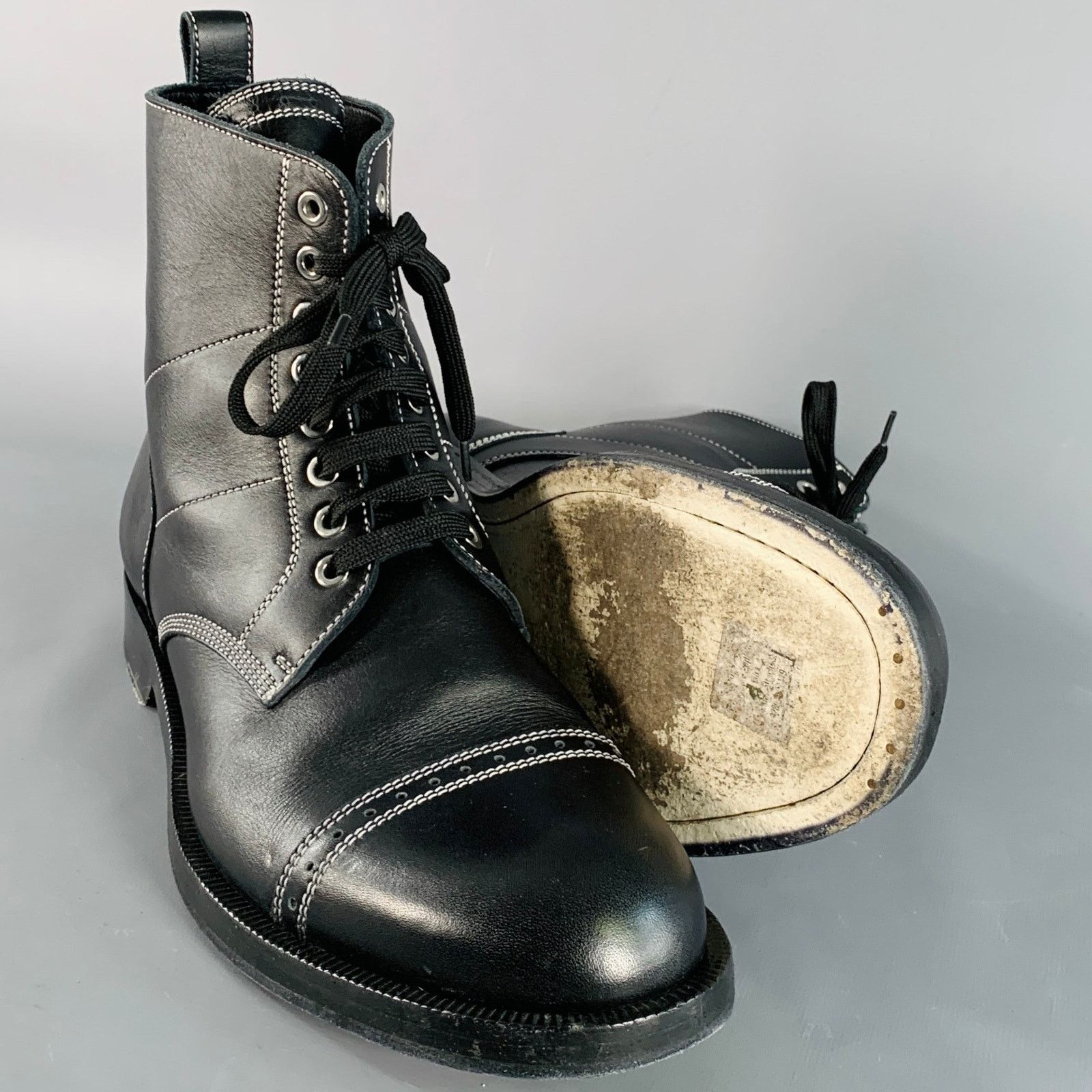 Loewe 12 Black White Contrast Stitch Leather Military Boots Size US 12 / EU 45 - 5 Thumbnail