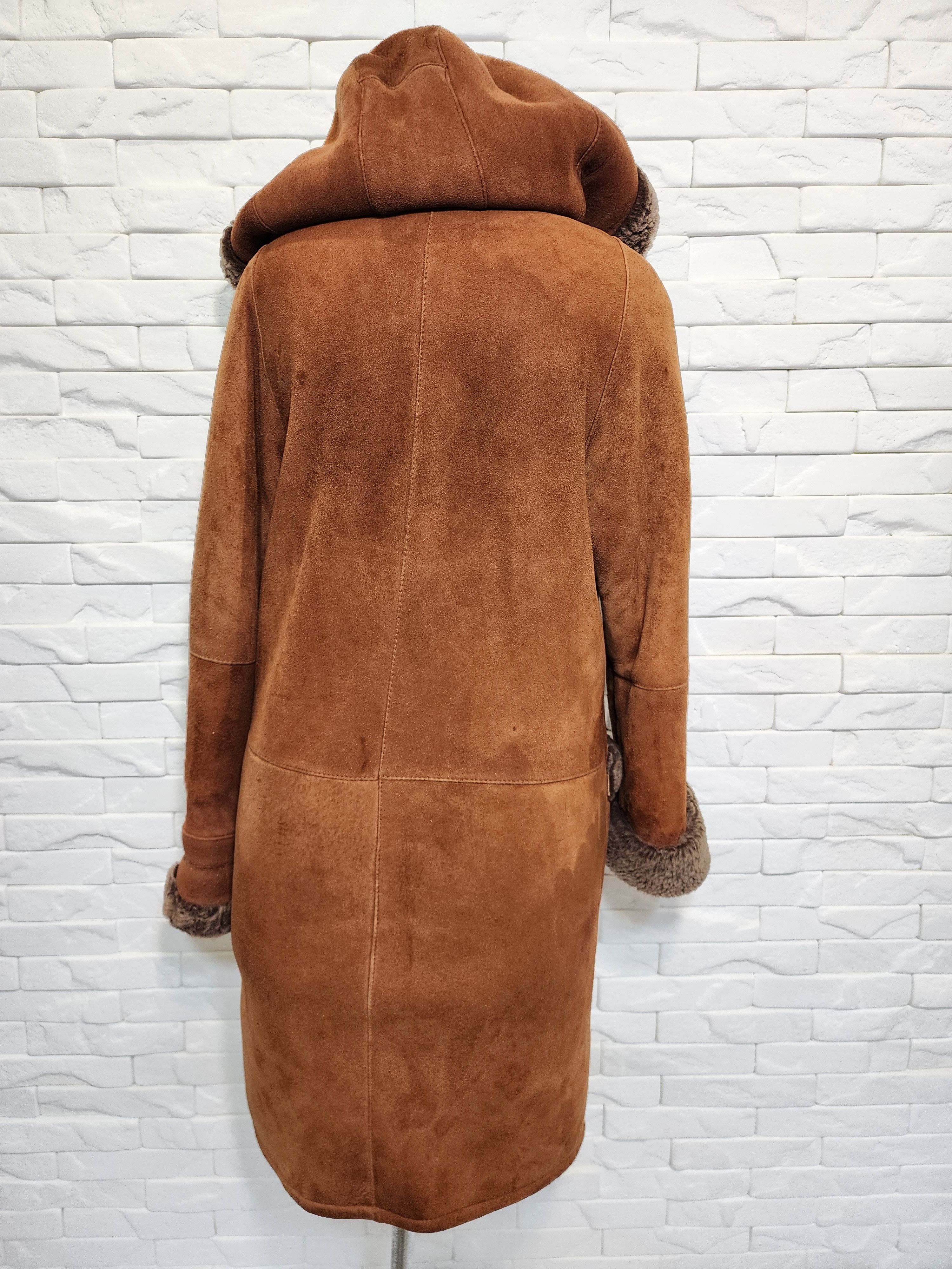 Genuine Leather Women's Brown Sheepskin Coat: Genuine Fur Hood Size L / US 10 / IT 46 - 4 Thumbnail