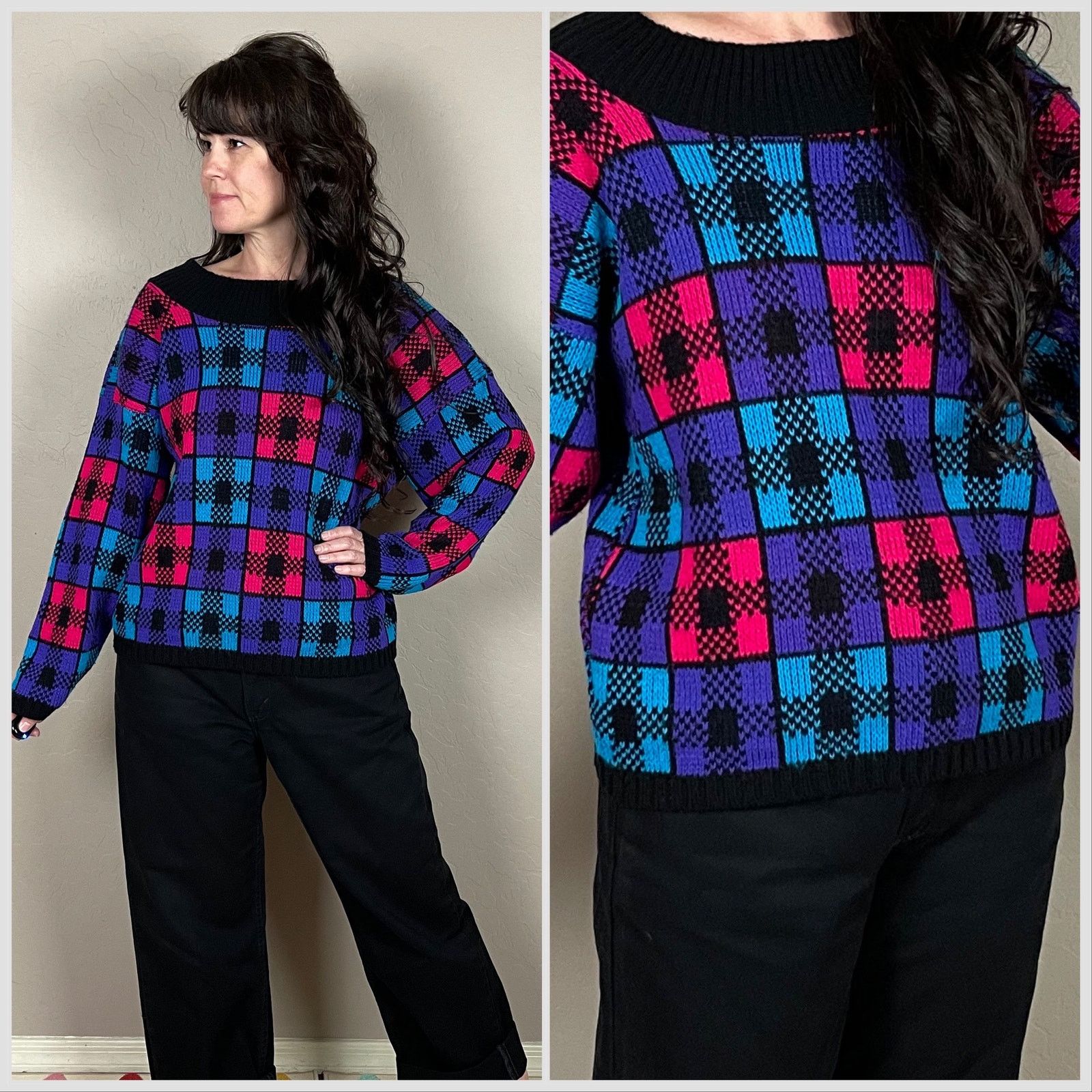 Vintage 1980s Hot Pink and Purple Plaid Cropped Pullover Sweater Size L / US 10 / IT 46 - 1 Thumbnail