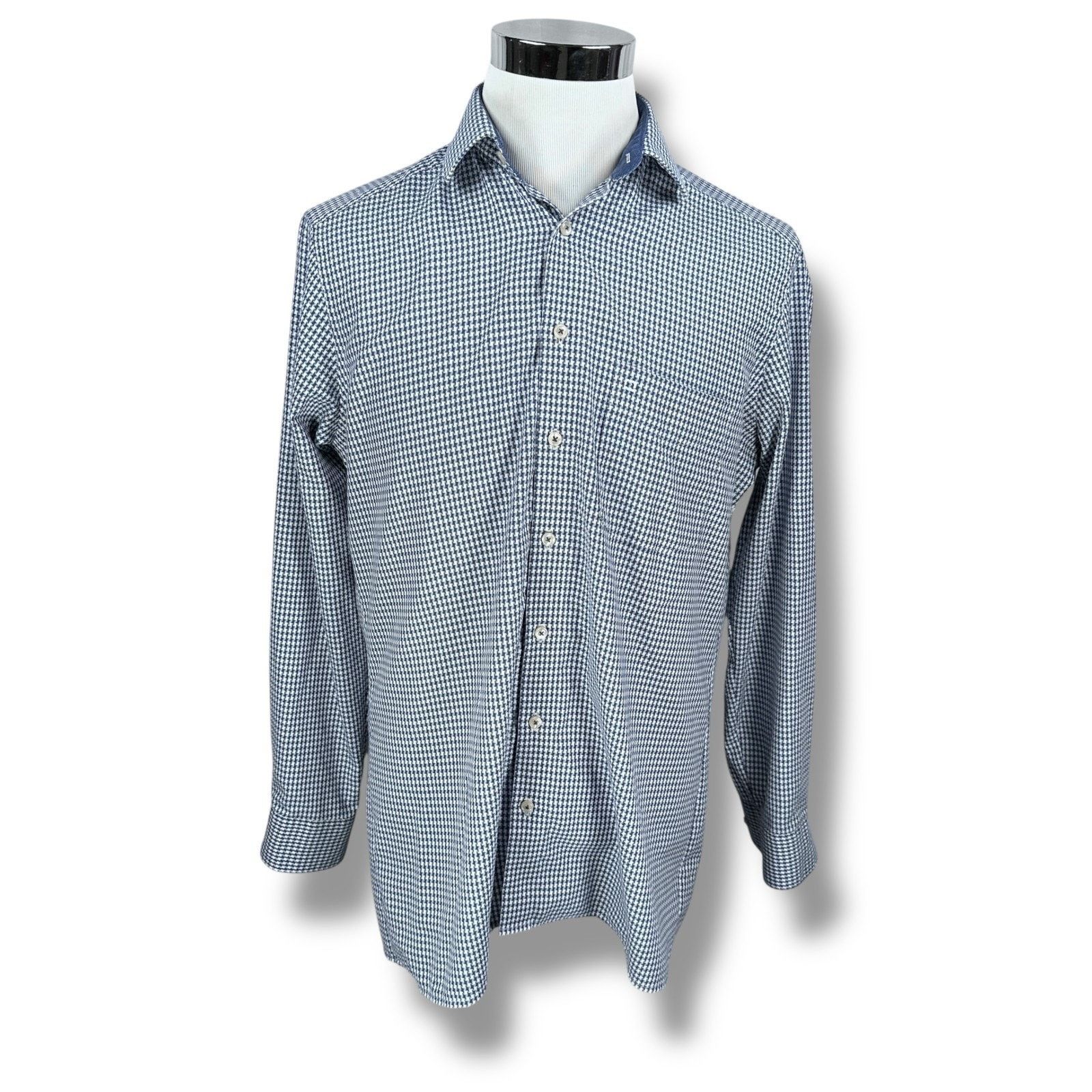 Other Olymp Luxor Dress Shirt Mens 16.5 42 Blue Houndstooth Cotton Size US L / EU 52-54 / 3 - 1 Thumbnail