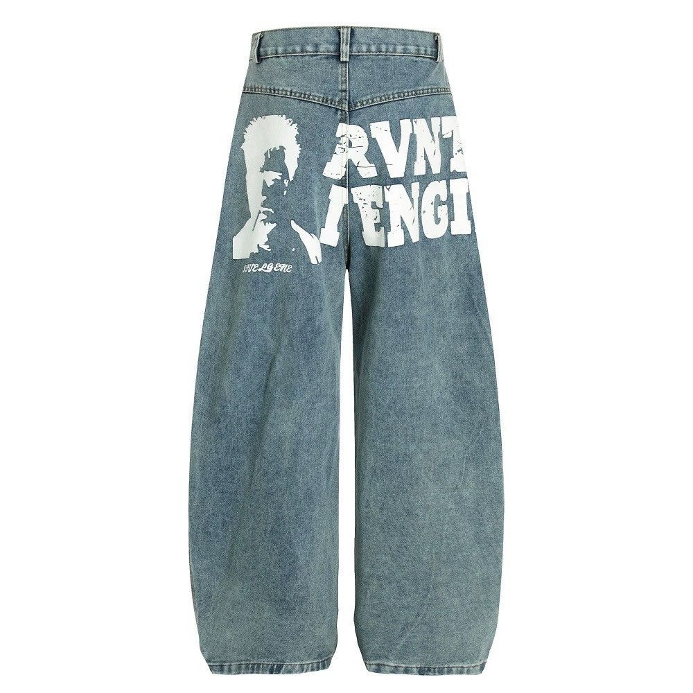 American men's loose distressed letter print scimitar jeans