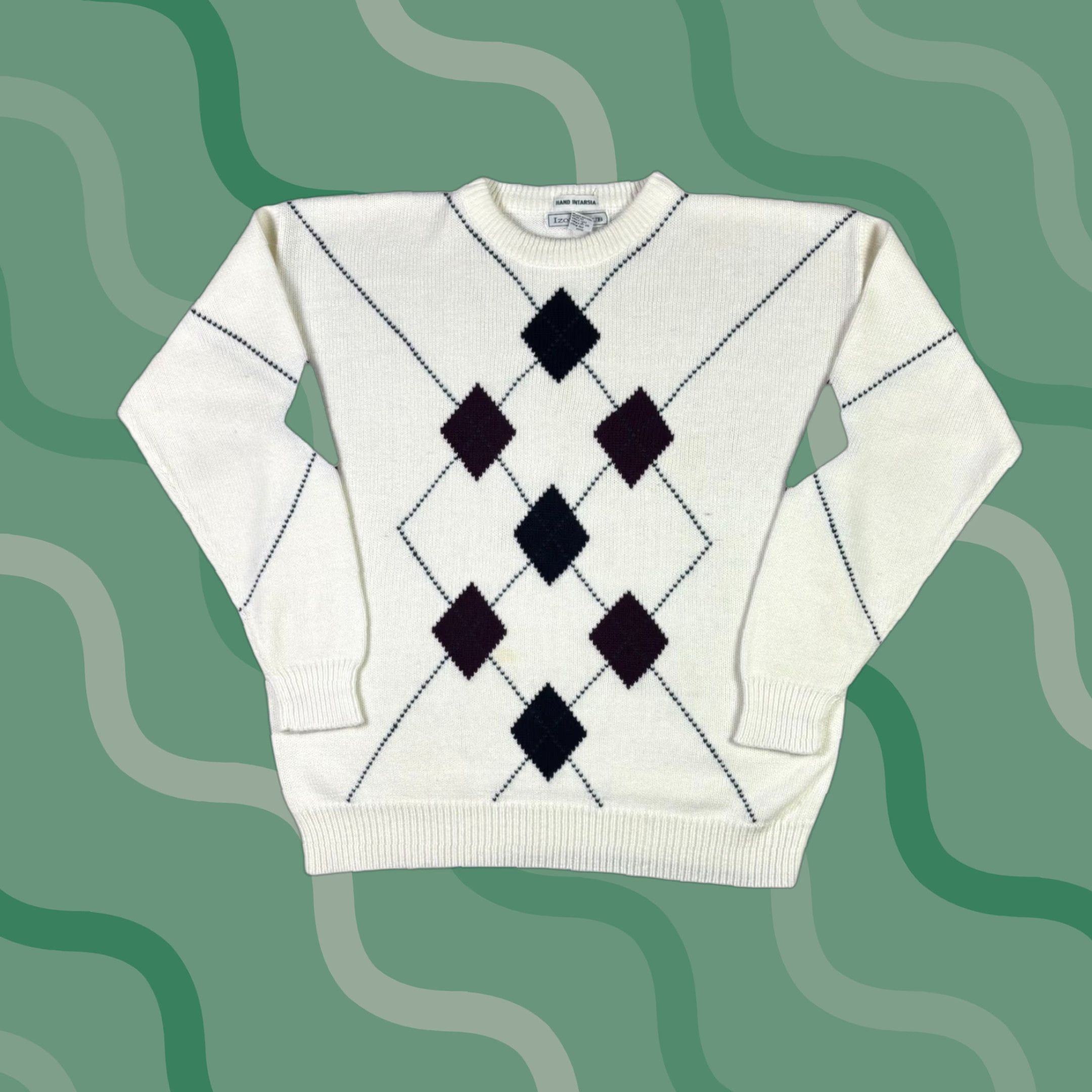 Izod VINTAGE Izod Club Knit Sweater Diamond Pattern Pullover Adult Medium 90s Mens Navy White Cotton Knit Crew Neck Long Sleeve Size US M / EU 48-50 / 2 - 1 Thumbnail